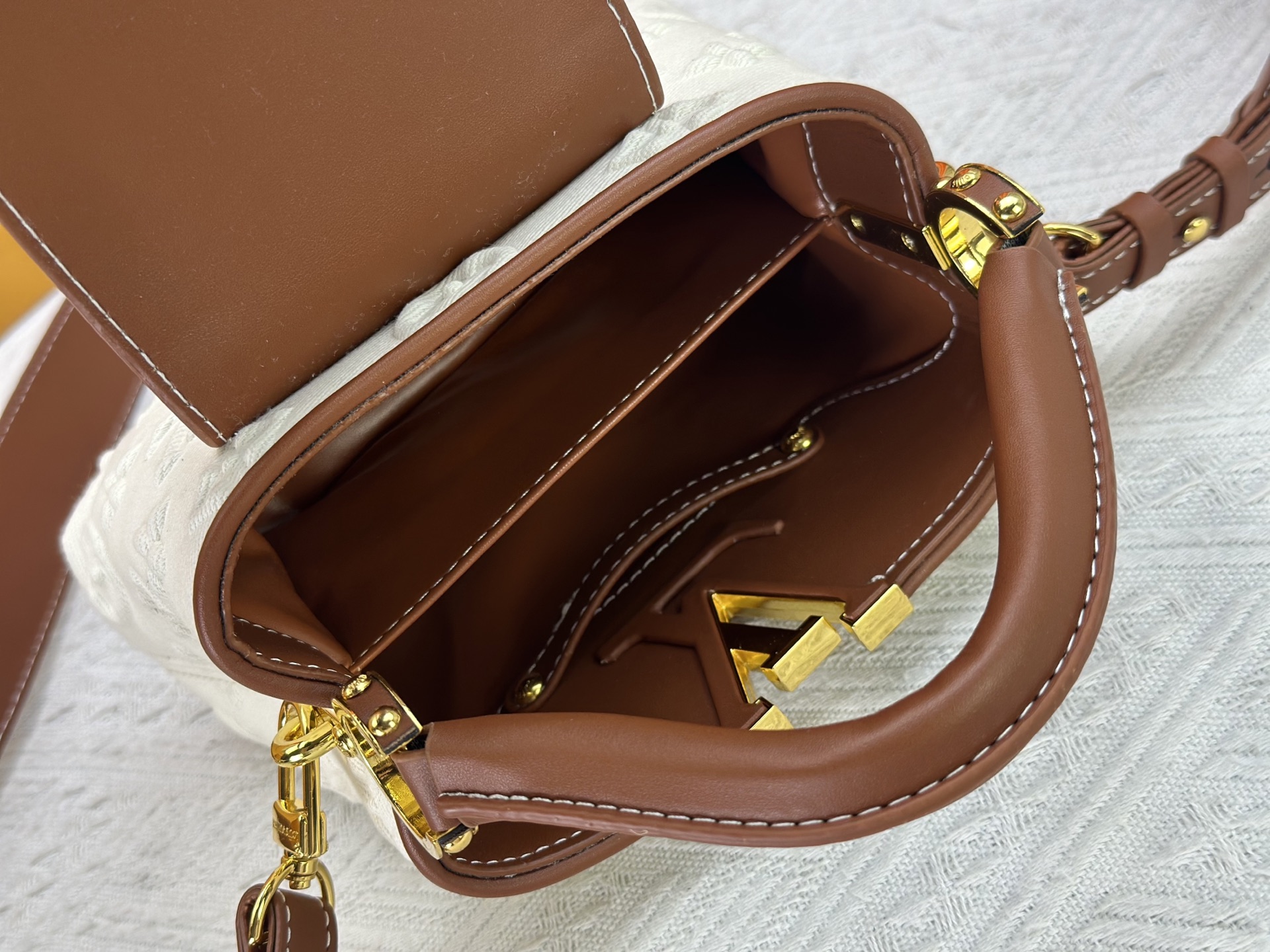 Designer Capucines Taurillon Leather, White Embossed Patchwork - Handbag - Gorchic - $142.99