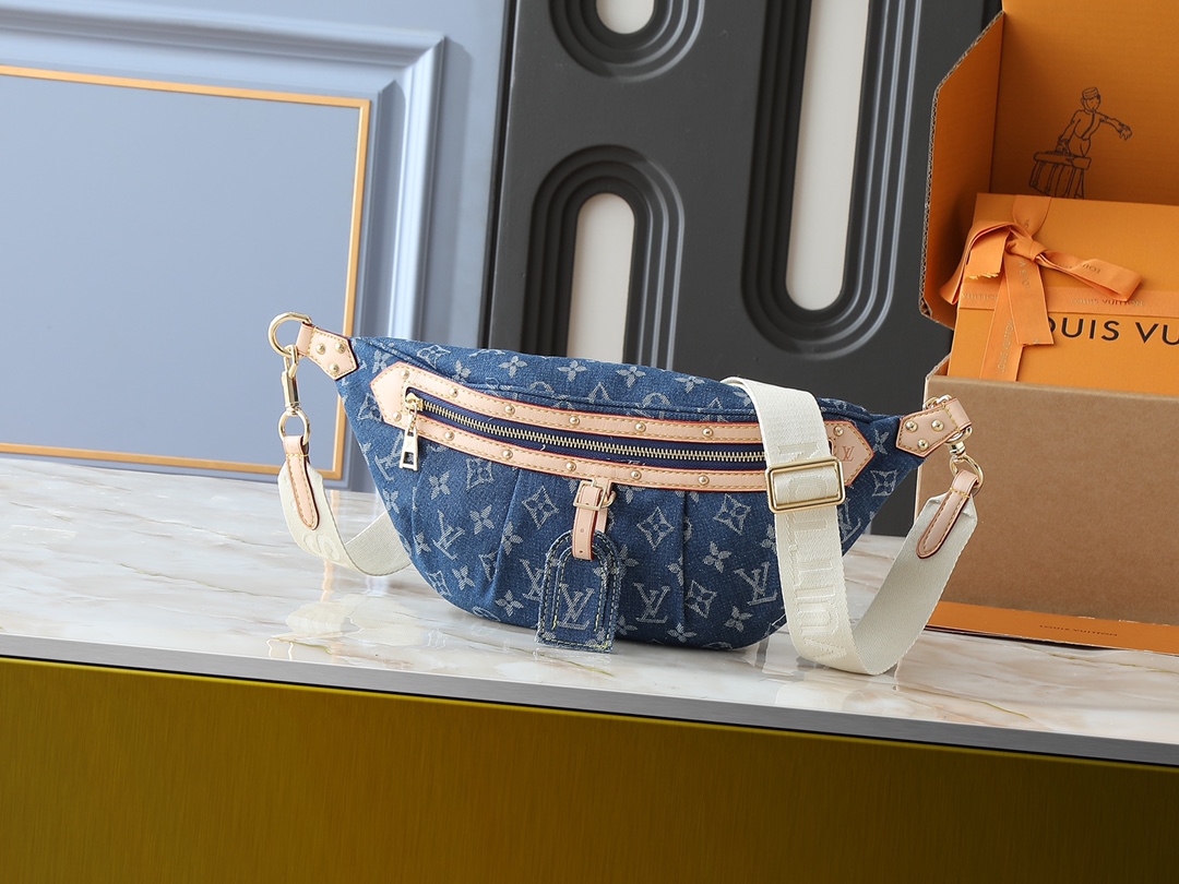 Designer High Rise Belt Bag Monogram Jacquard Leather - Dark Blue Denim - Gorchic - $120.99