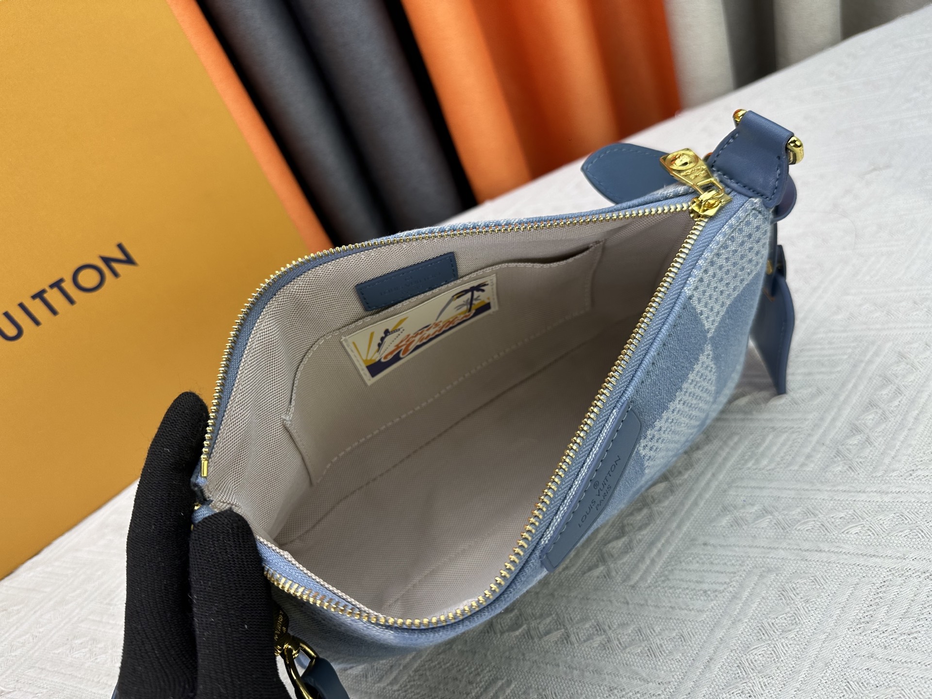 Designer Pochette Accessories XL Damier Denim 3D cotton canvas - Denim Blue - Gorchic - $116.99