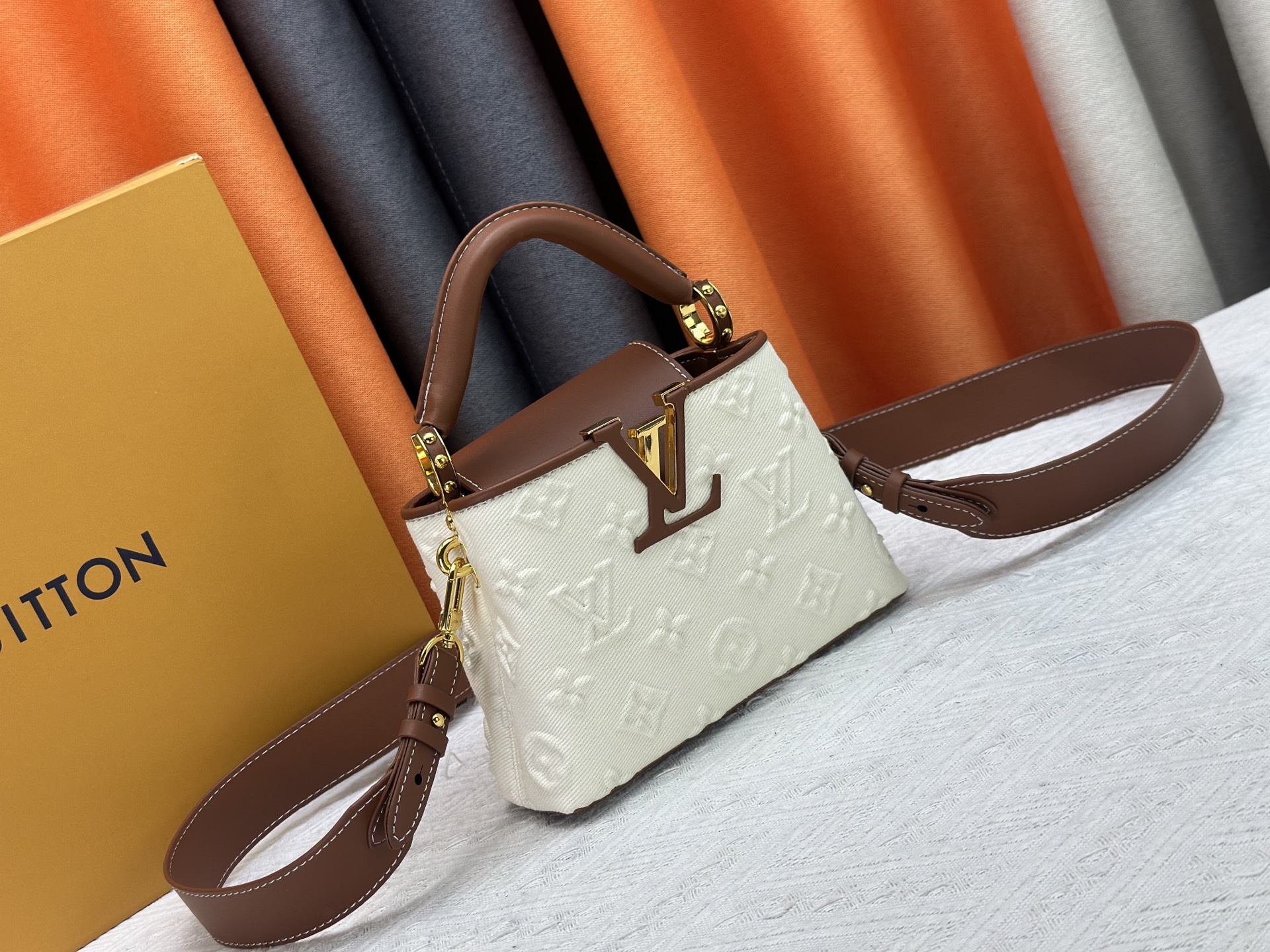 Designer Capucines Taurillon Leather, White Embossed Patchwork - Handbag - Gorchic - $142.99