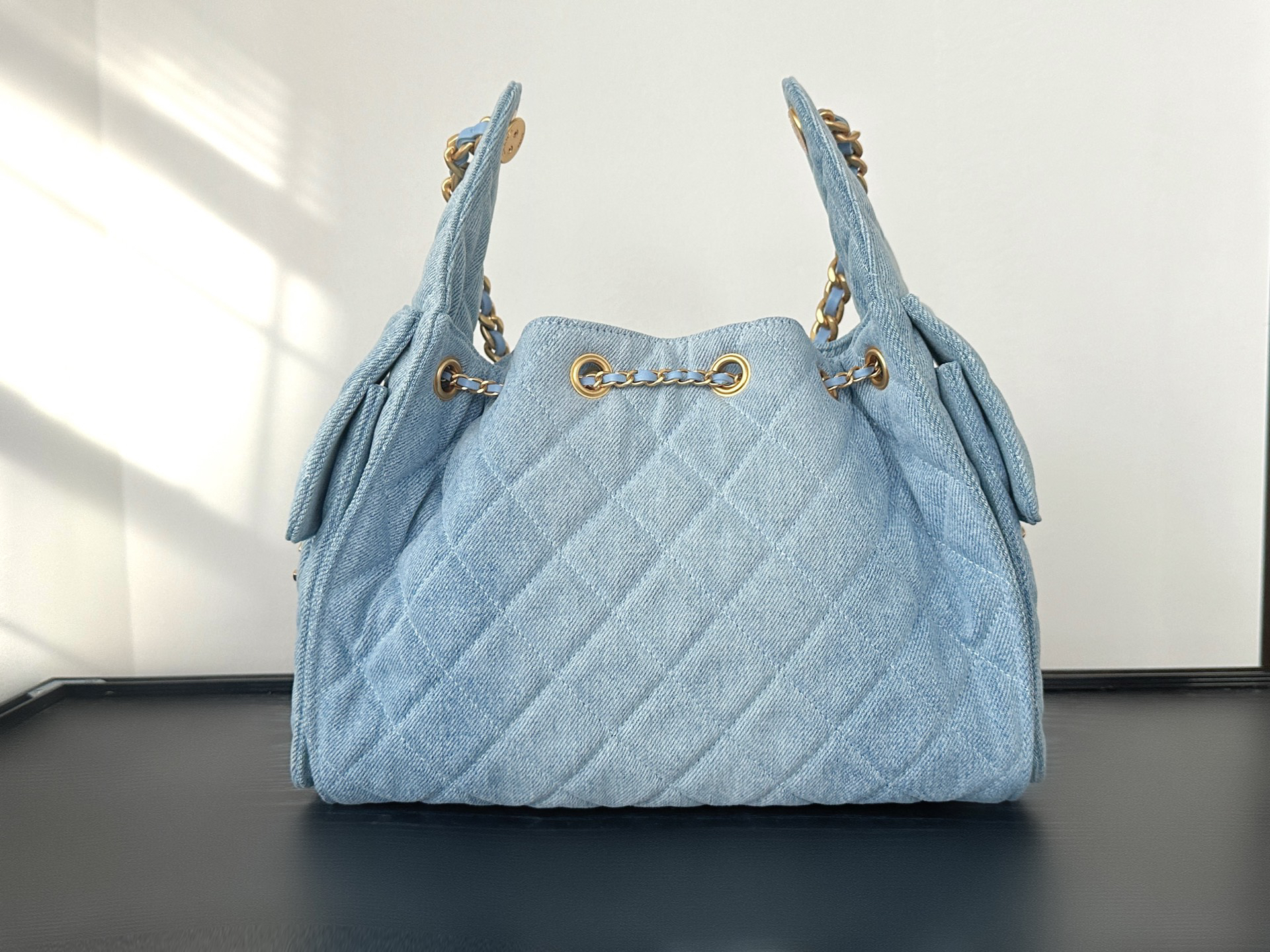 CC Inspired 25 Small Handbag Washed Denim & Gold-Tone Metal denim - Bag - Gorchic - $152.99