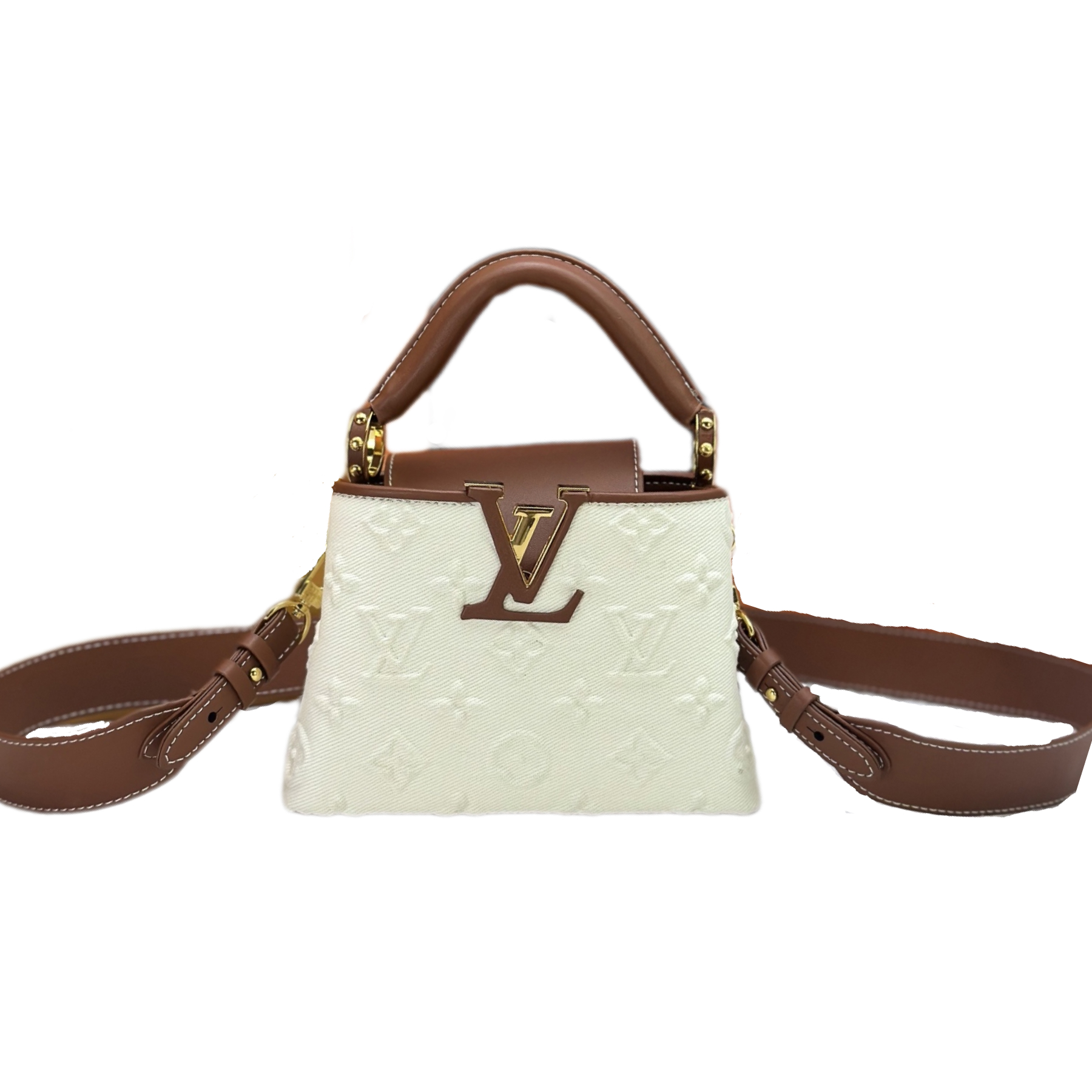 Designer Capucines Taurillon Leather, White Embossed Patchwork - Handbag - Gorchic - $142.99