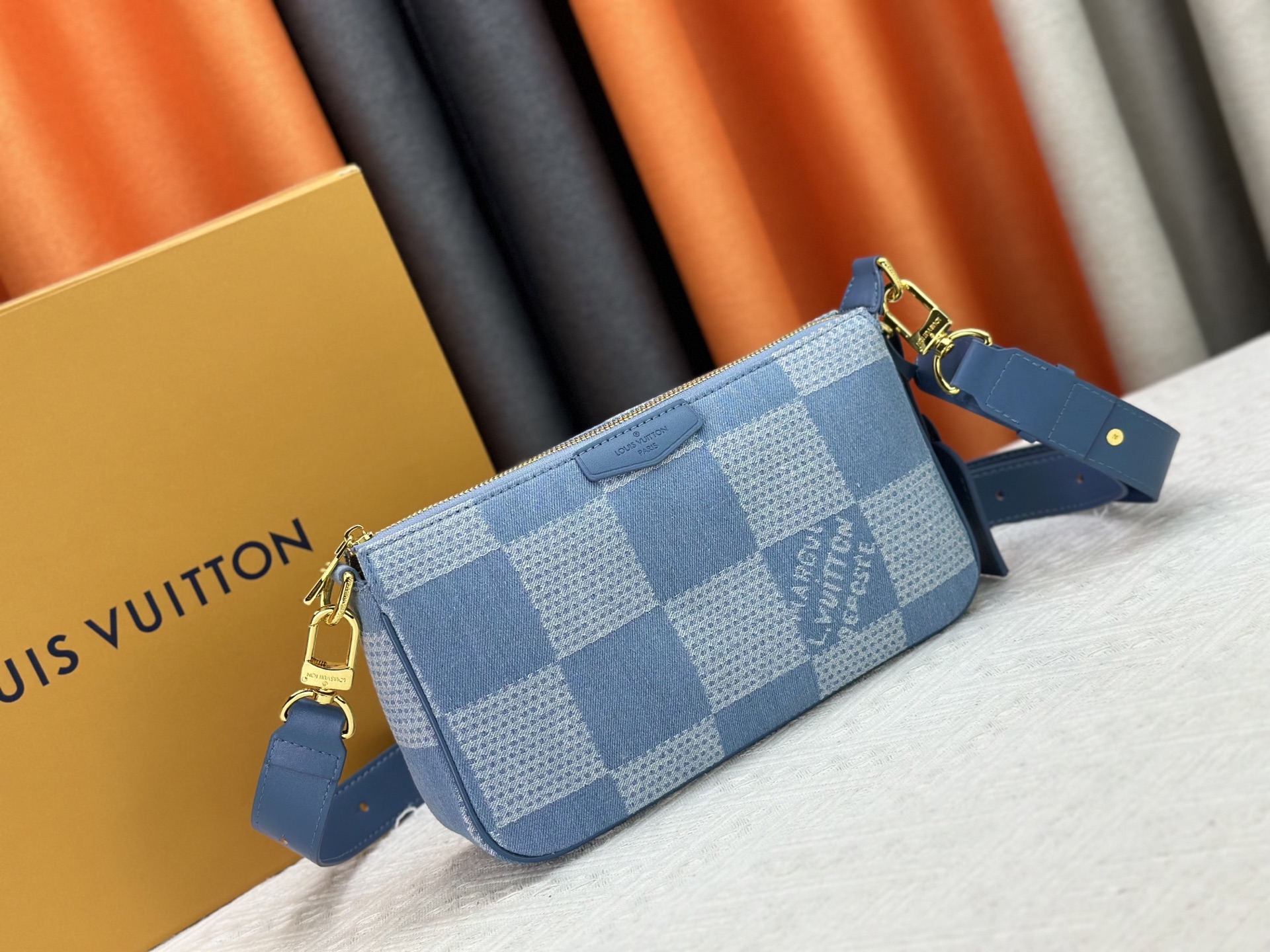 Designer Pochette Accessories XL Damier Denim 3D cotton canvas - Denim Blue - Gorchic - $116.99