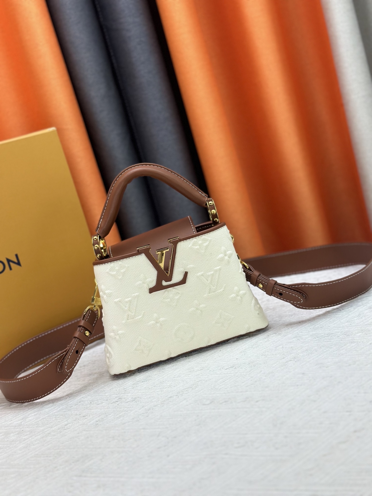 Designer Capucines Taurillon Leather, White Embossed Patchwork - Handbag - Gorchic - $142.99