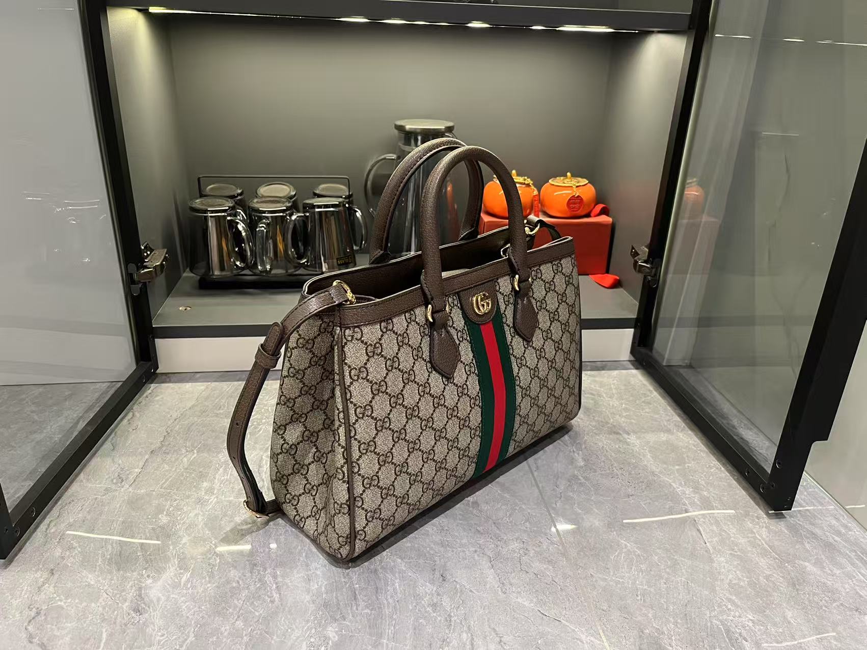 Double-G Ophidia Tote Bag Medium Size GG Monogram coated fabric - Beige and dark brown - Gorchic - $124.99