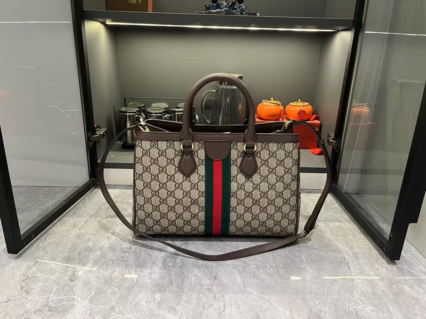 Double-G Ophidia Tote Bag Medium Size GG Monogram coated fabric - Beige and dark brown - Gorchic - $124.99