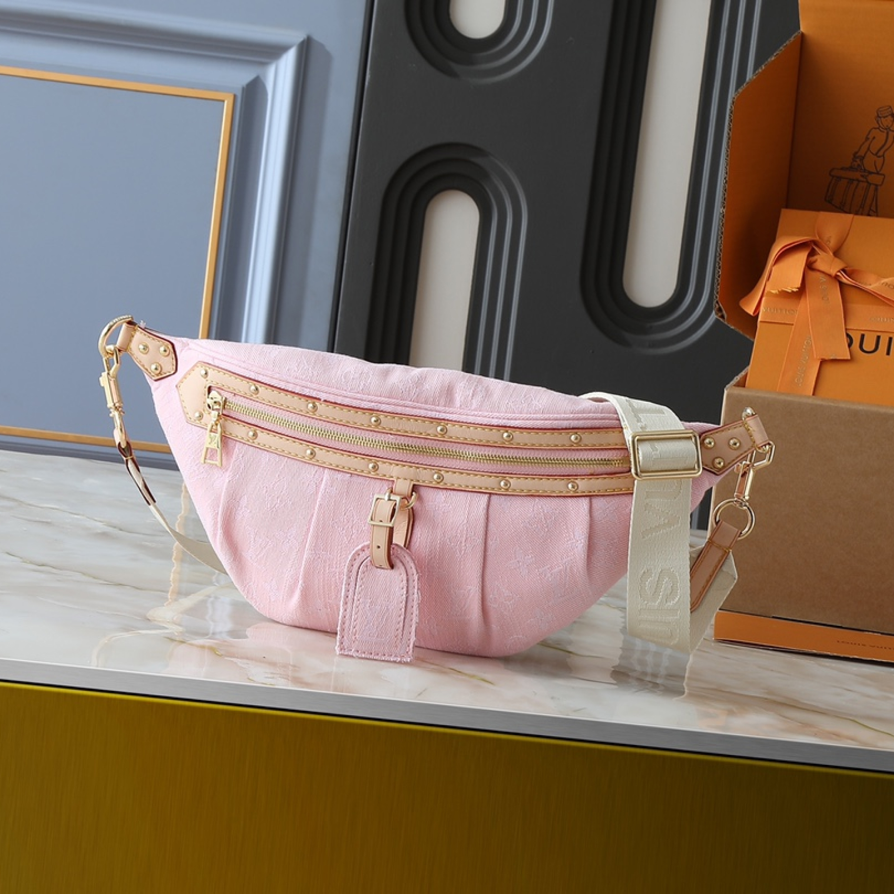 Designer High Rise Belt Bag Monogram Jacquard Leather - Pink Denim - Gorchic - $120.99