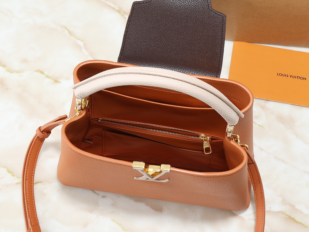 Designer Capucines Taurillon leather - Tan / Chocolate / Galet / Gray - Gorchic - $143.85
