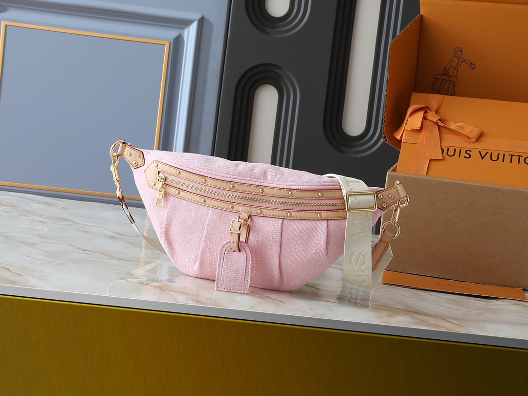 Designer High Rise Belt Bag Monogram Jacquard Leather - Pink Denim - Gorchic - $120.99
