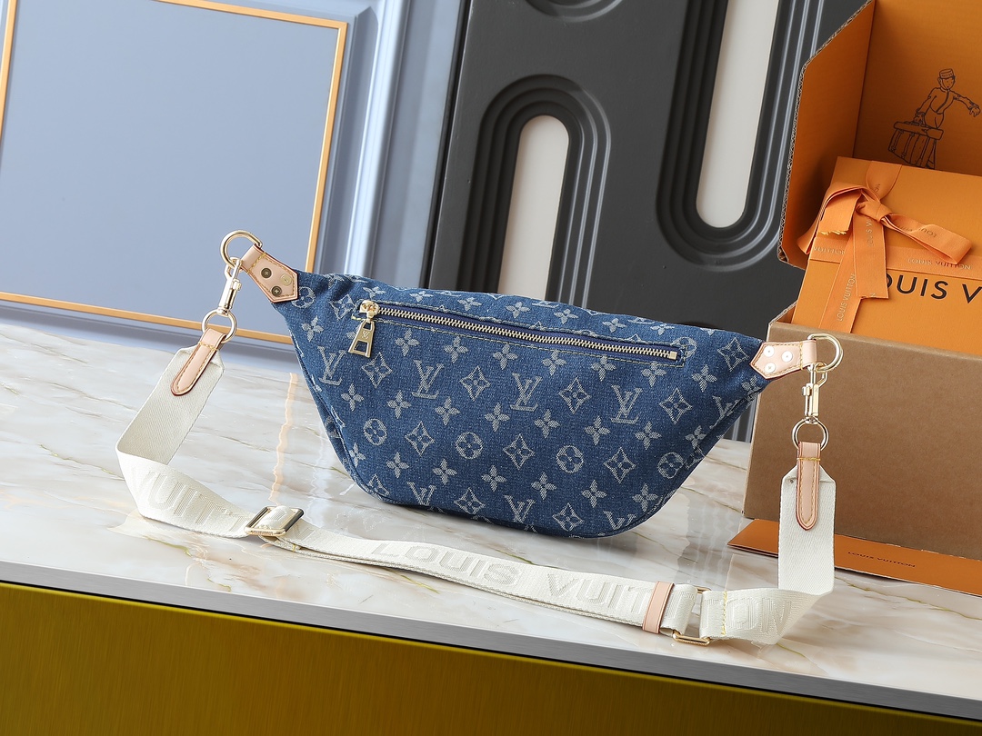 Designer High Rise Belt Bag Monogram Jacquard Leather - Dark Blue Denim - Gorchic - $120.99