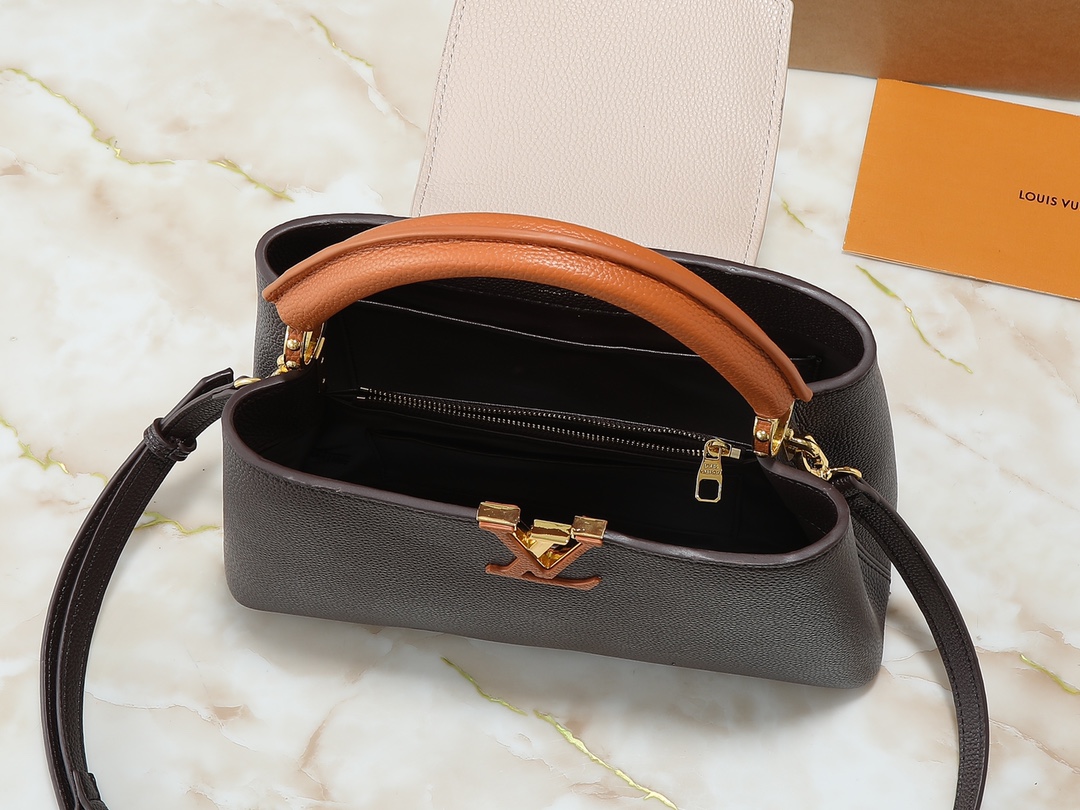 Designer Capucines Taurillon leather - Chocolate / Quartz / Tan - Gorchic - $143.85