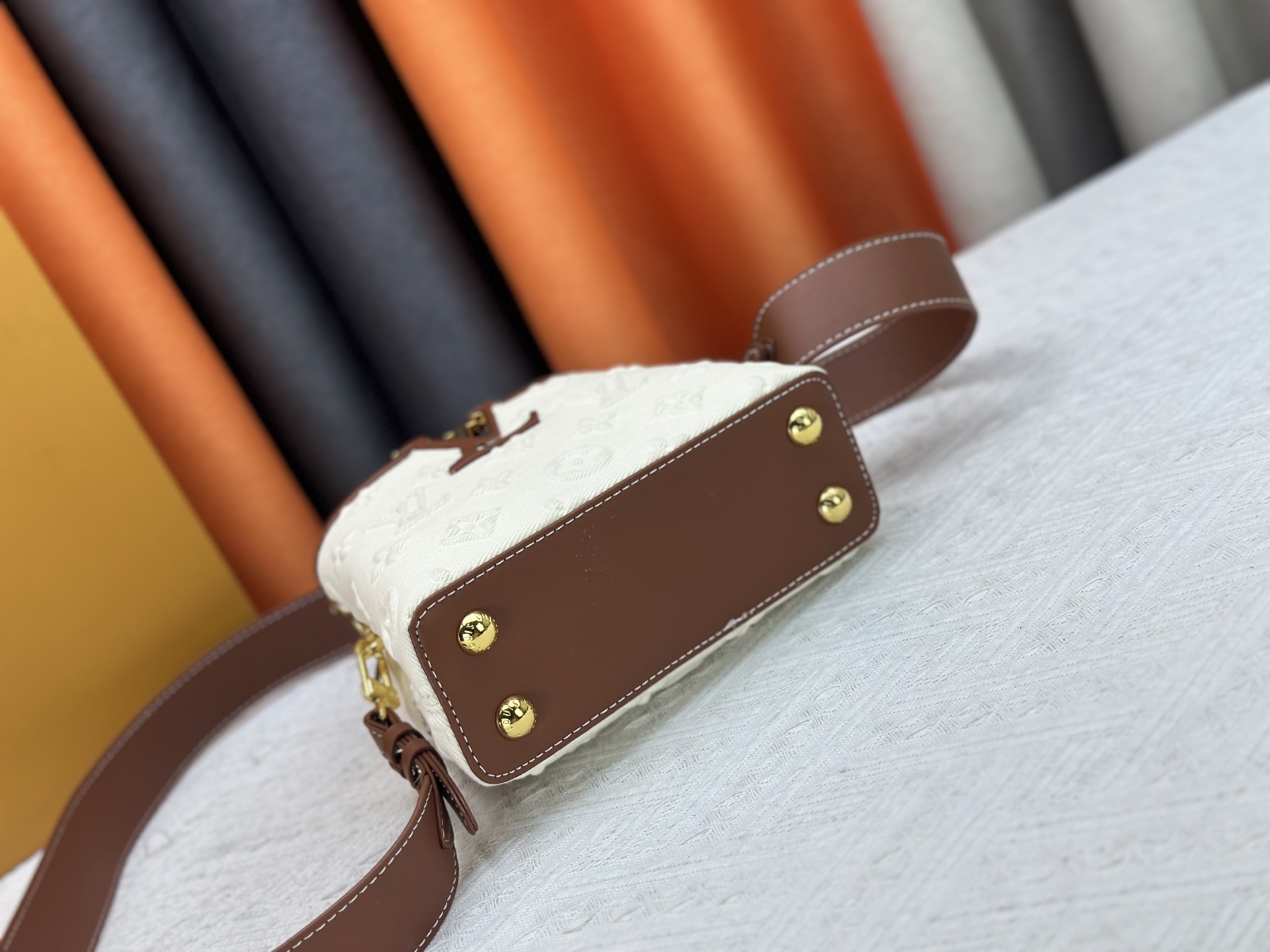 Designer Capucines Taurillon Leather, White Embossed Patchwork - Handbag - Gorchic - $142.99