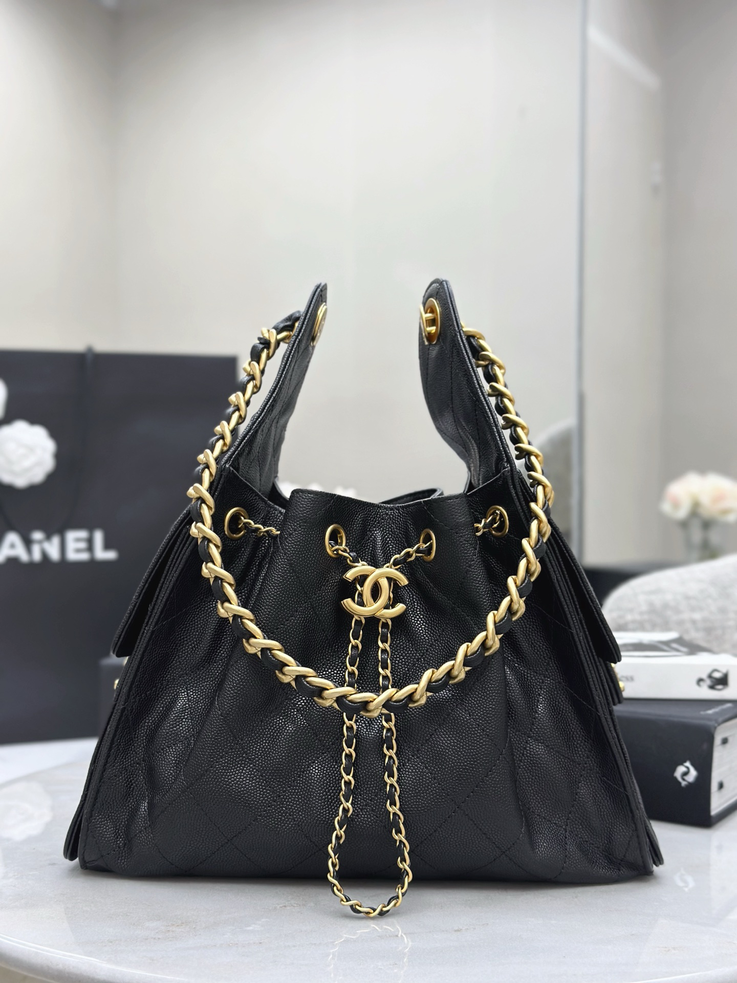 [TOP]CC Inspired 25 Small Handbag Grained Calfskin & Gold-Tone Metal Black -Bag - Gorchic - $419.99