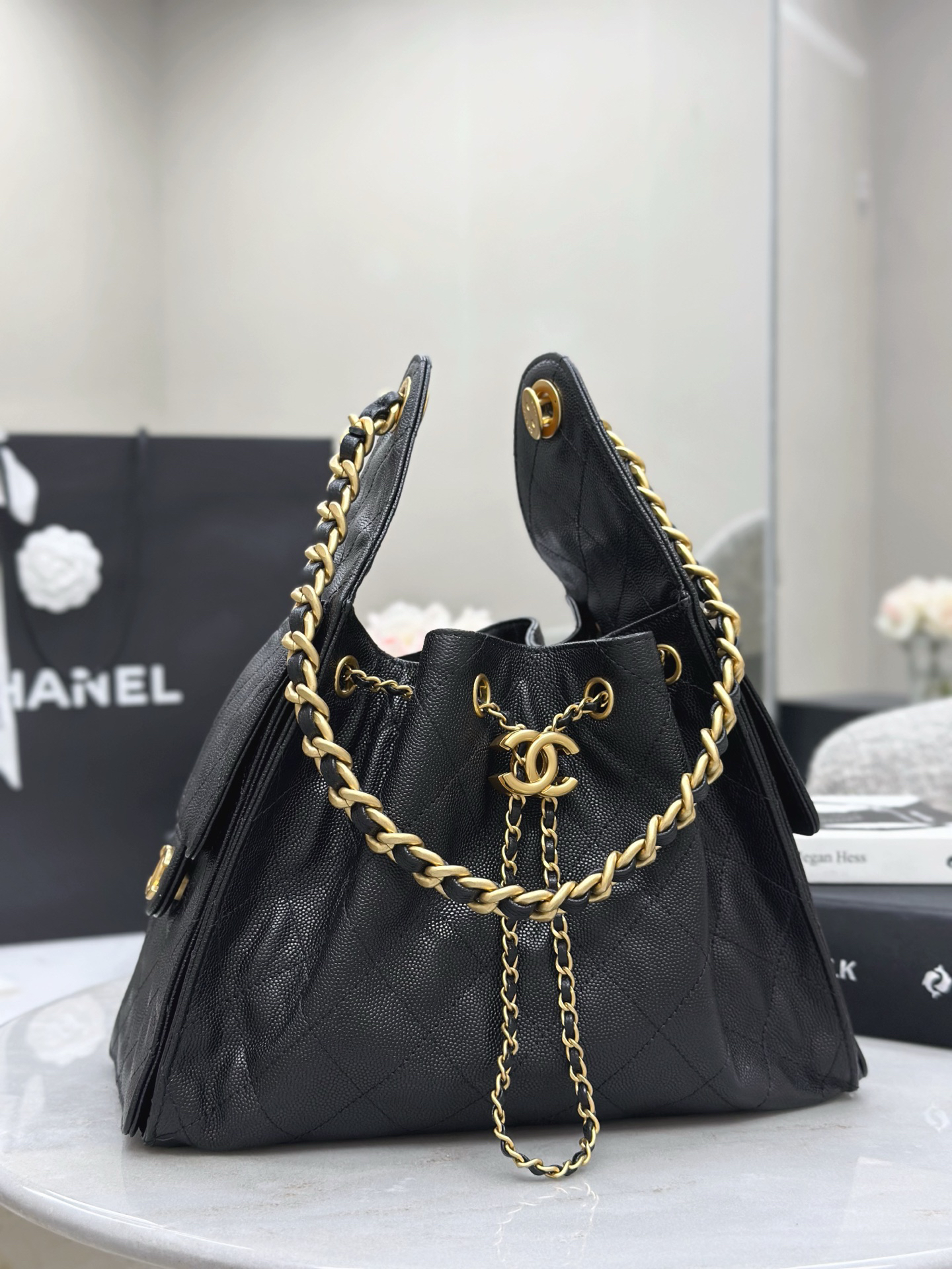 [TOP]CC Inspired 25 Small Handbag Grained Calfskin & Gold-Tone Metal Black -Bag - Gorchic - $419.99