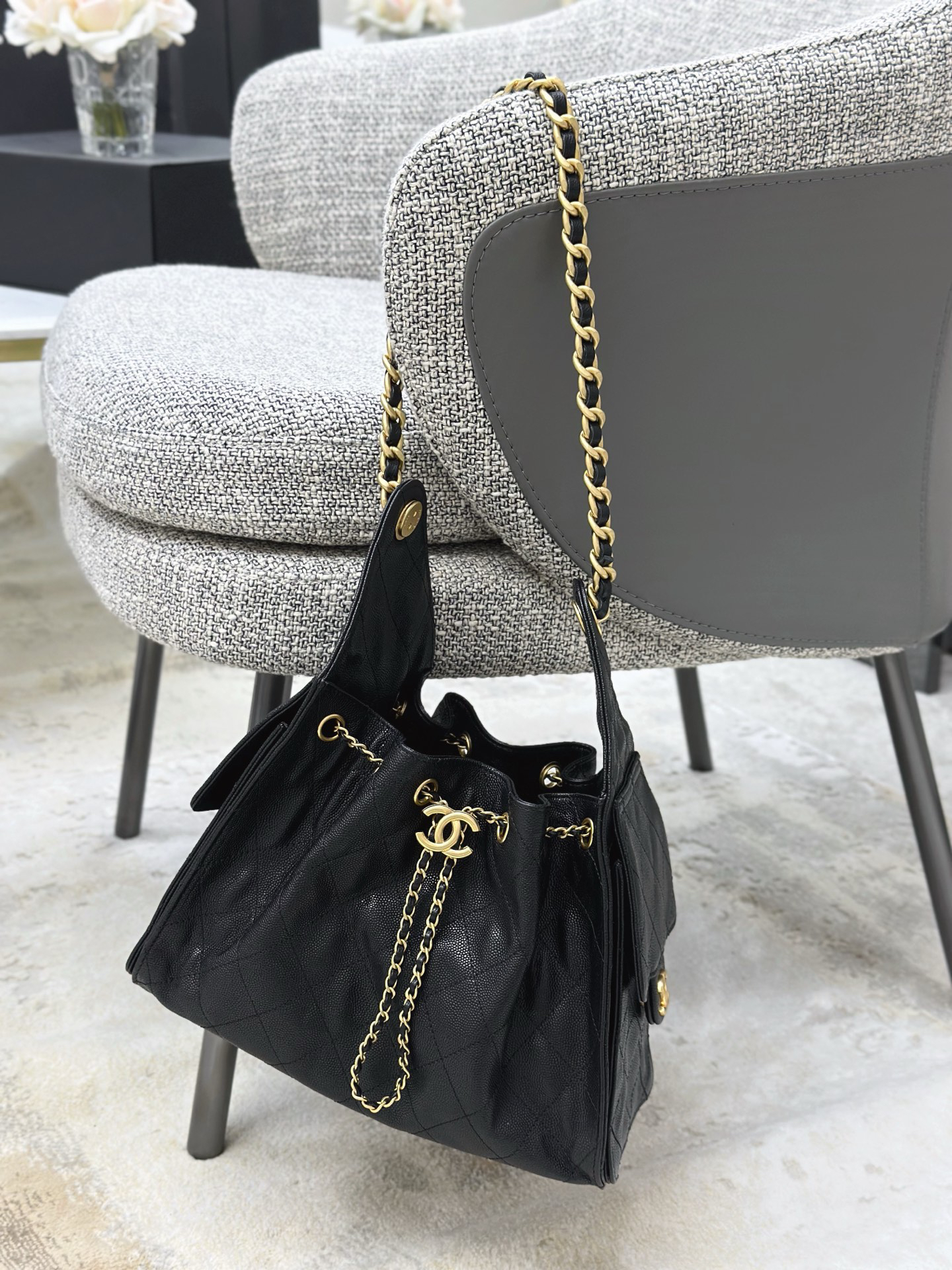 [TOP]CC Inspired 25 Small Handbag Grained Calfskin & Gold-Tone Metal Black -Bag - Gorchic - $419.99