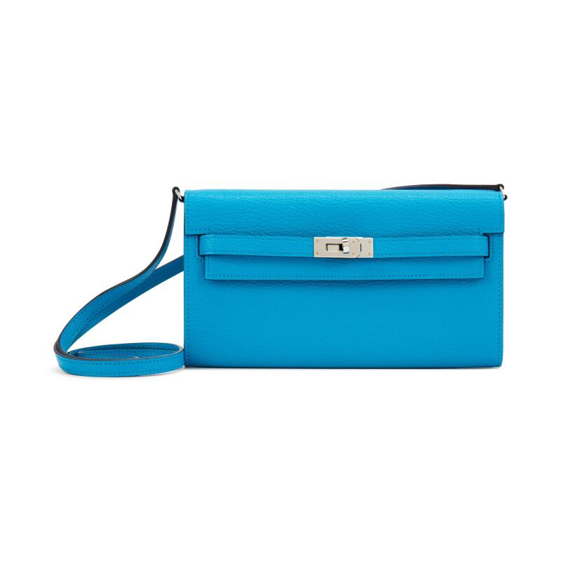 H-Inspired Bleu Frida Chèvre Mysore Kelly Wallet to Go Palladium Hardware - Gorchic - $143.99