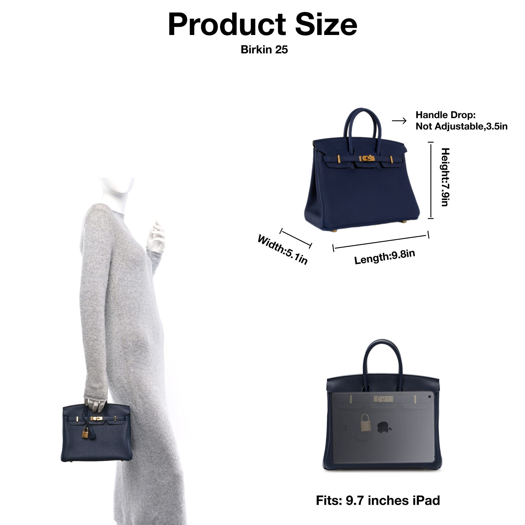 H-Inspired Birkin Togo Retourne Bag Golden-Midnight Blue Bag - Gorchic - $185.99