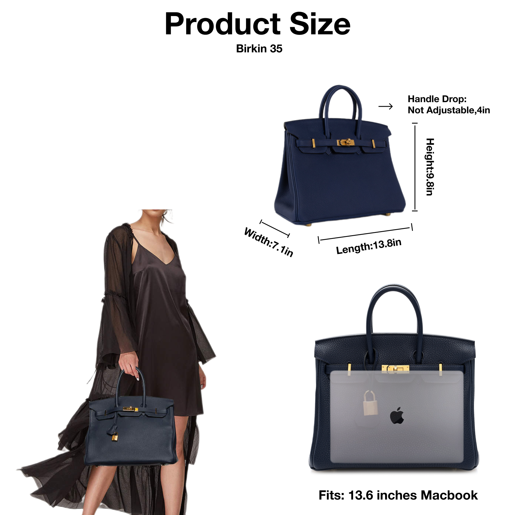 H-Inspired Birkin Togo Retourne Bag Golden-Midnight Blue Bag - Gorchic - $185.99