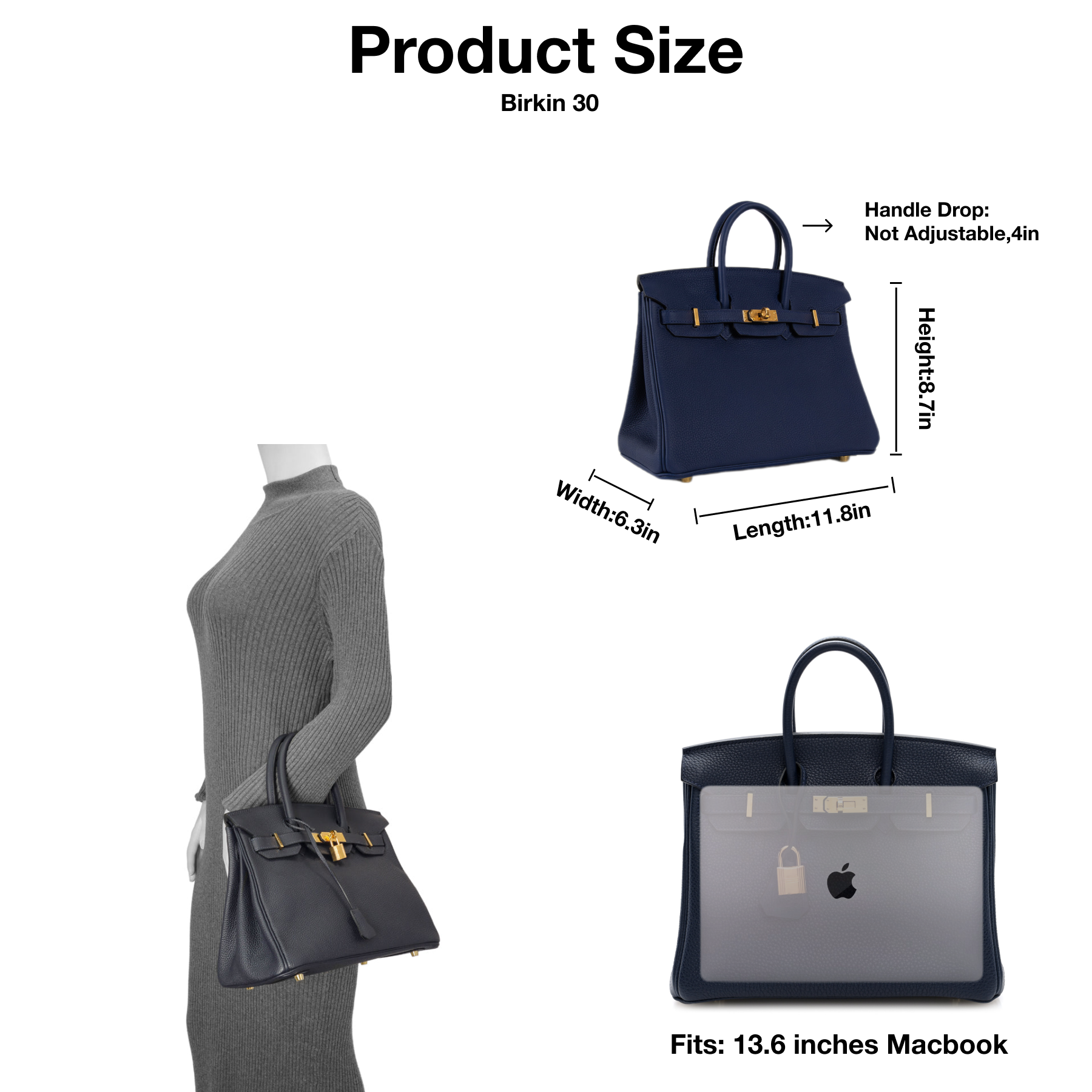H-Inspired Birkin Togo Retourne Bag Golden-Midnight Blue Bag - Gorchic - $185.99