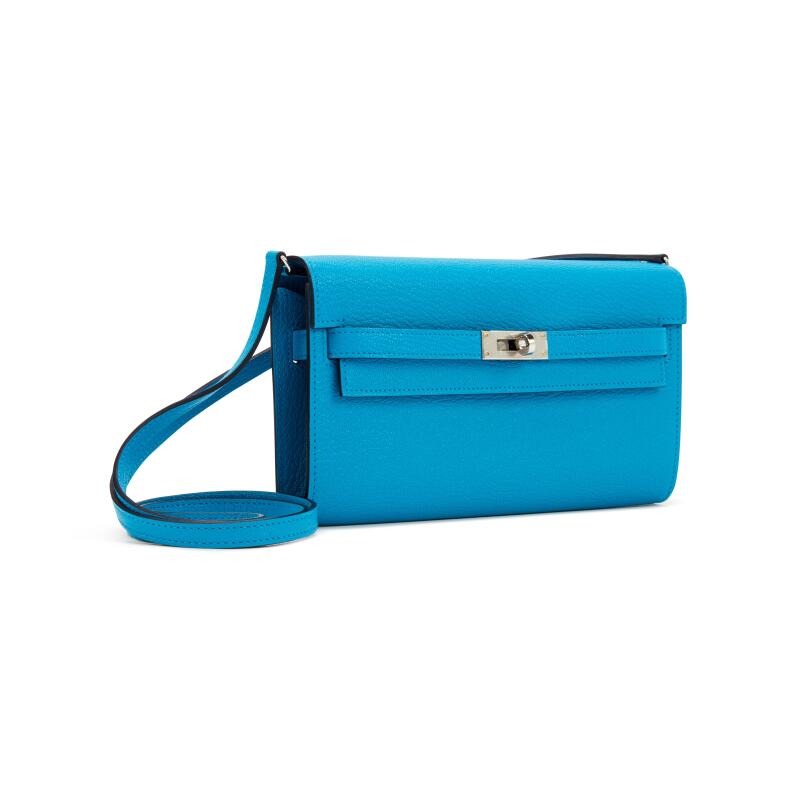 H-Inspired Bleu Frida Chèvre Mysore Kelly Wallet to Go Palladium Hardware - Gorchic - $143.99