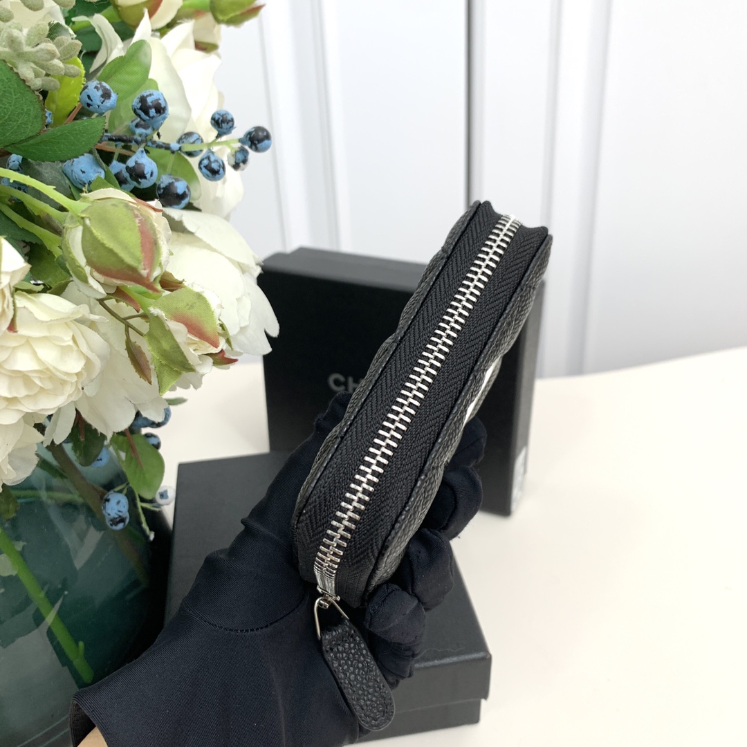 CC Inspired  Caviar Leather Card Case SiL*Ver Buckle Card Case - Black - Gorchic - $85.99