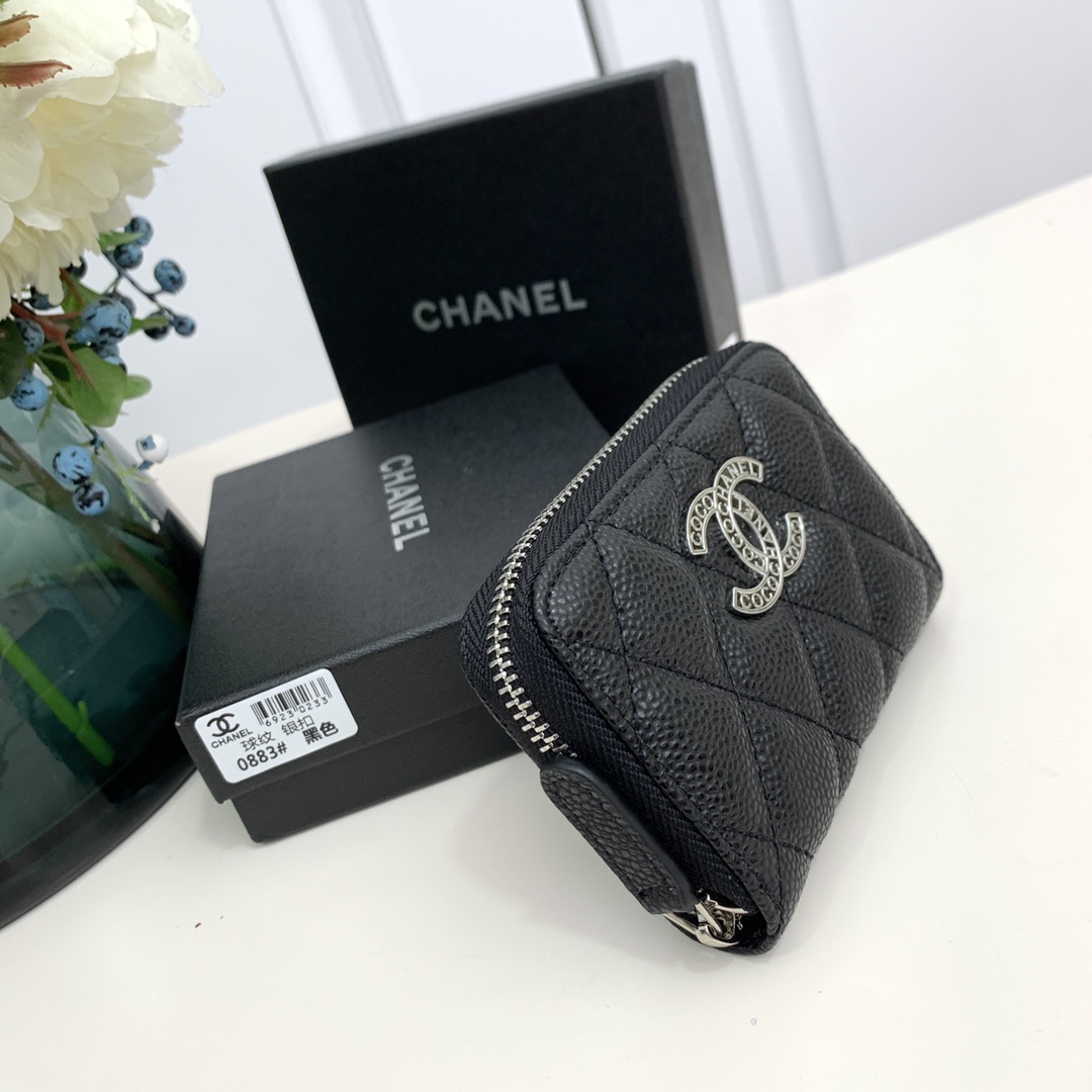 CC Inspired  Caviar Leather Card Case SiL*Ver Buckle Card Case - Black - Gorchic - $85.99