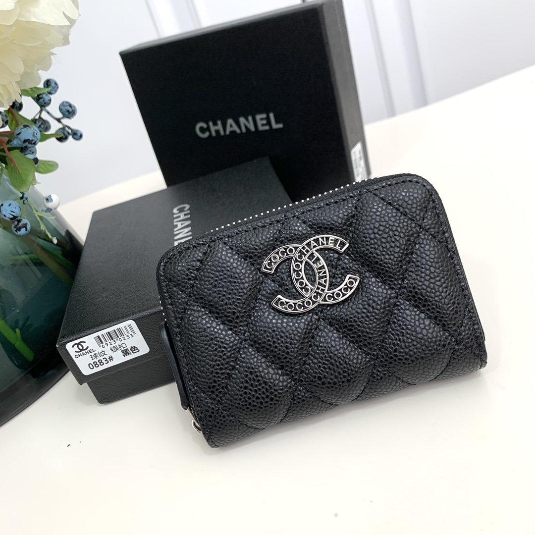 CC Inspired  Caviar Leather Card Case SiL*Ver Buckle Card Case - Black - Gorchic - $85.99