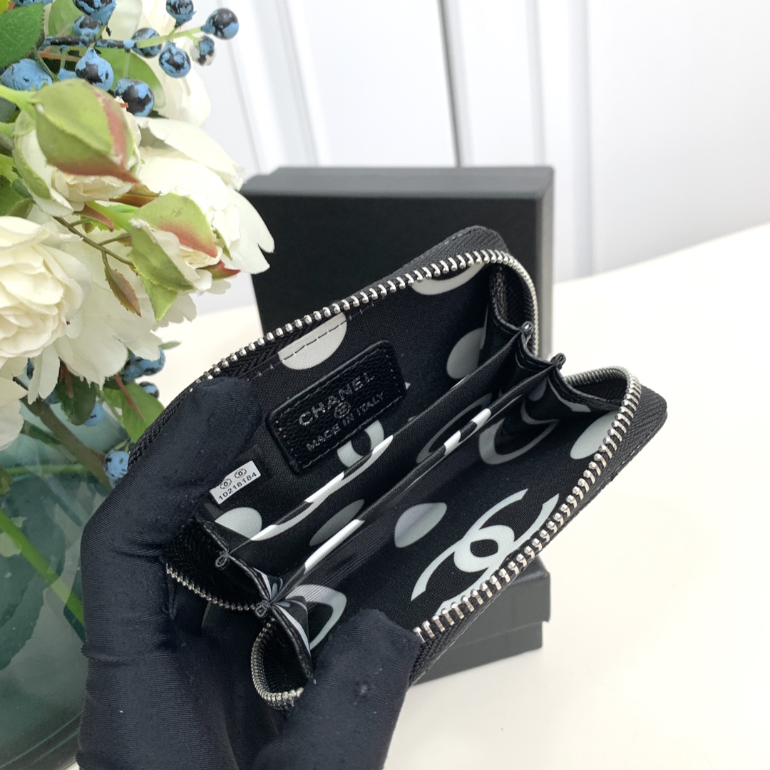 CC Inspired  Caviar Leather Card Case SiL*Ver Buckle Card Case - Black - Gorchic - $85.99