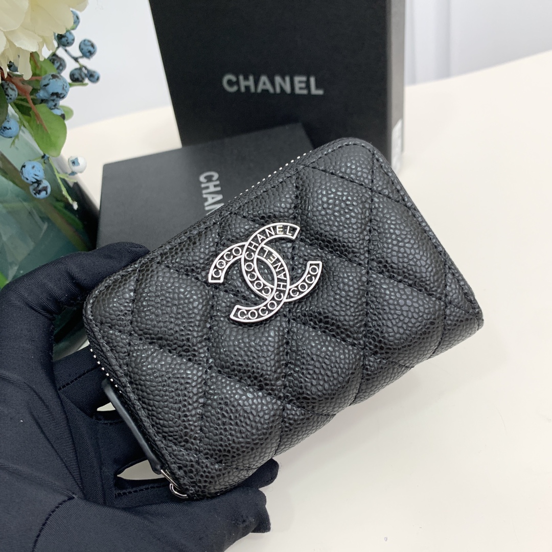 CC Inspired  Caviar Leather Card Case SiL*Ver Buckle Card Case - Black - Gorchic - $85.99