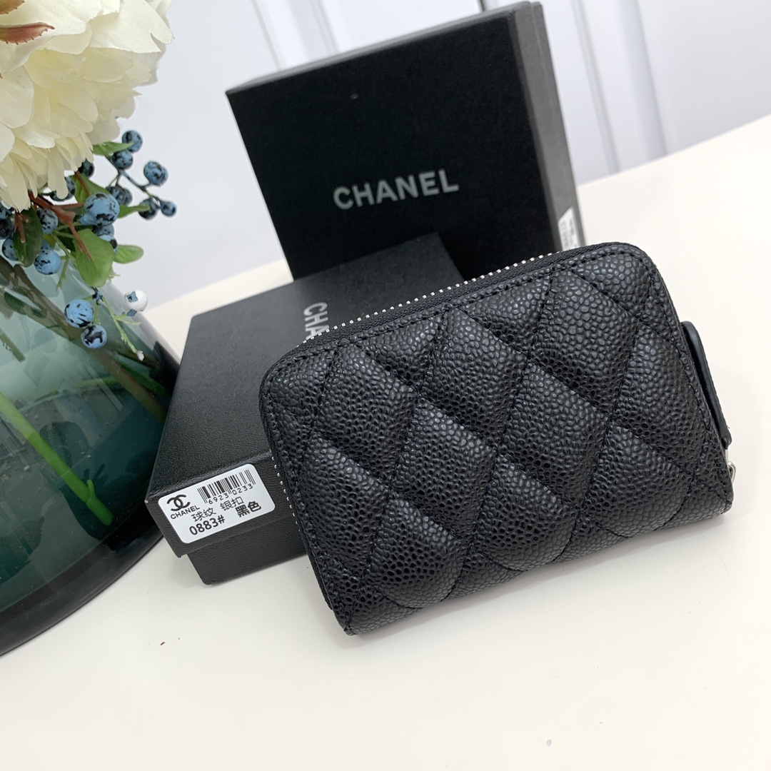 CC Inspired  Caviar Leather Card Case SiL*Ver Buckle Card Case - Black - Gorchic - $85.99