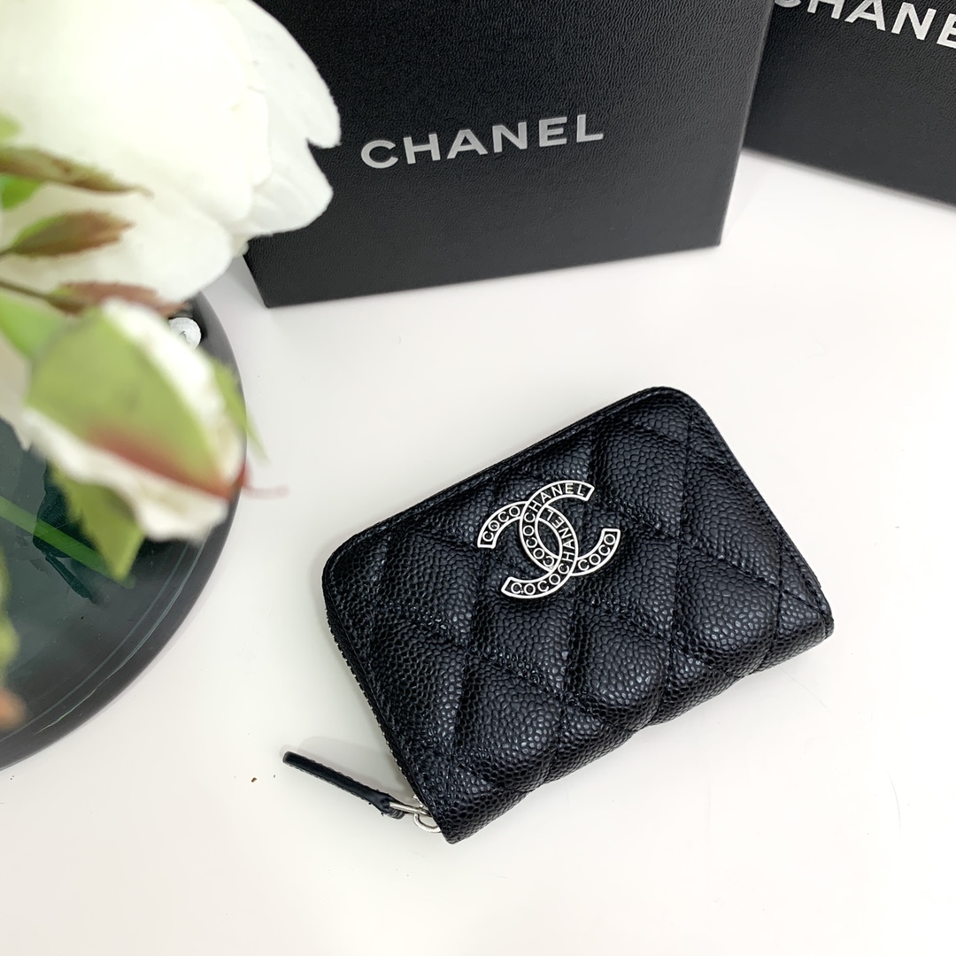CC Inspired  Caviar Leather Card Case SiL*Ver Buckle Card Case - Black - Gorchic - $85.99