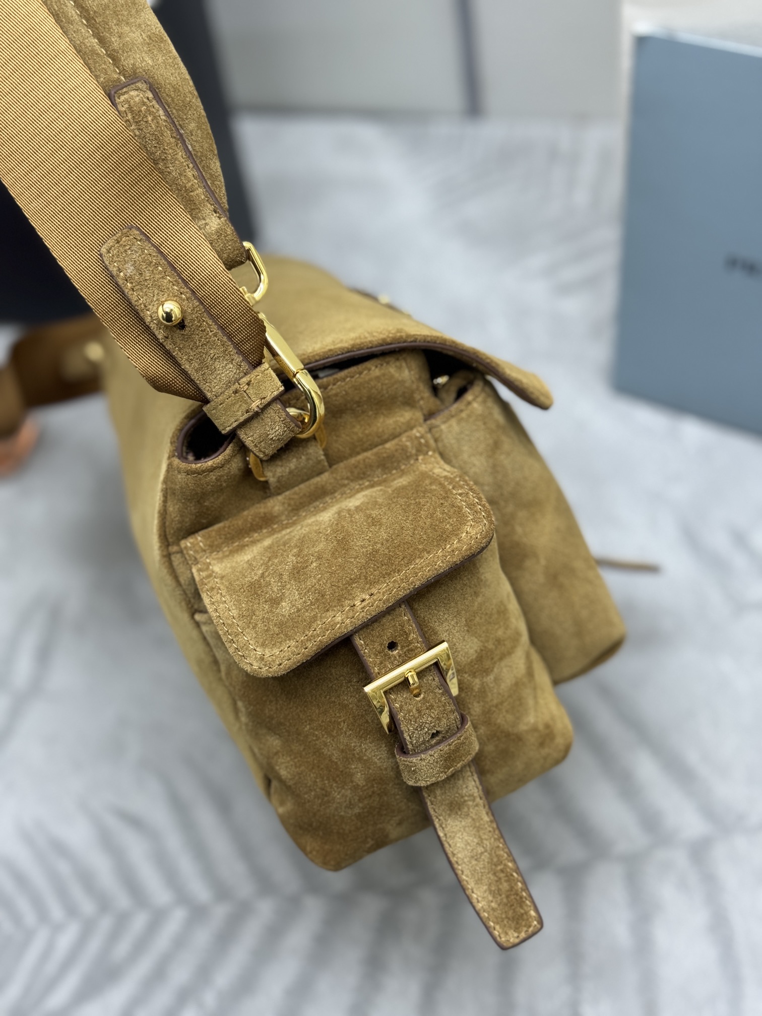 [TOP]Saffiano texture Explore Medium Suede Shoulder Bag With Flap - Cinnamon - Gorchic - $408.99