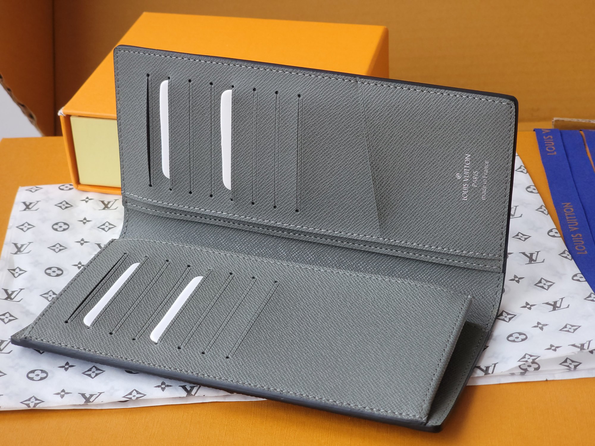 [TOP]Designer Brazza Wallet in Inlaid V Taiga Leather - Blue - Gorchic - $136.99