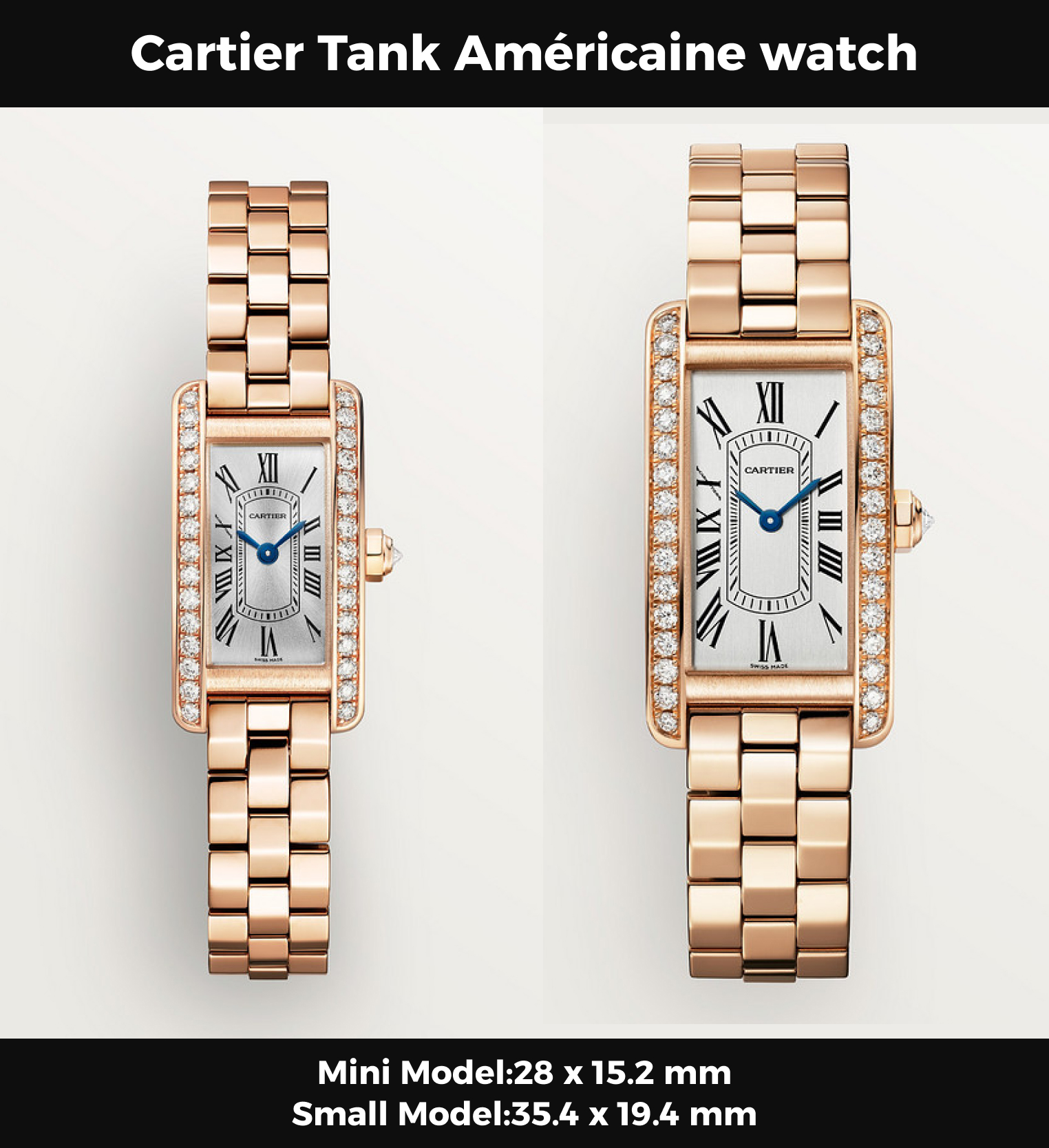 Cartyer Tank Américaine Must Cartyer watch, Rose Gold, Diamonds, Small Model - Gorchic - $145.99