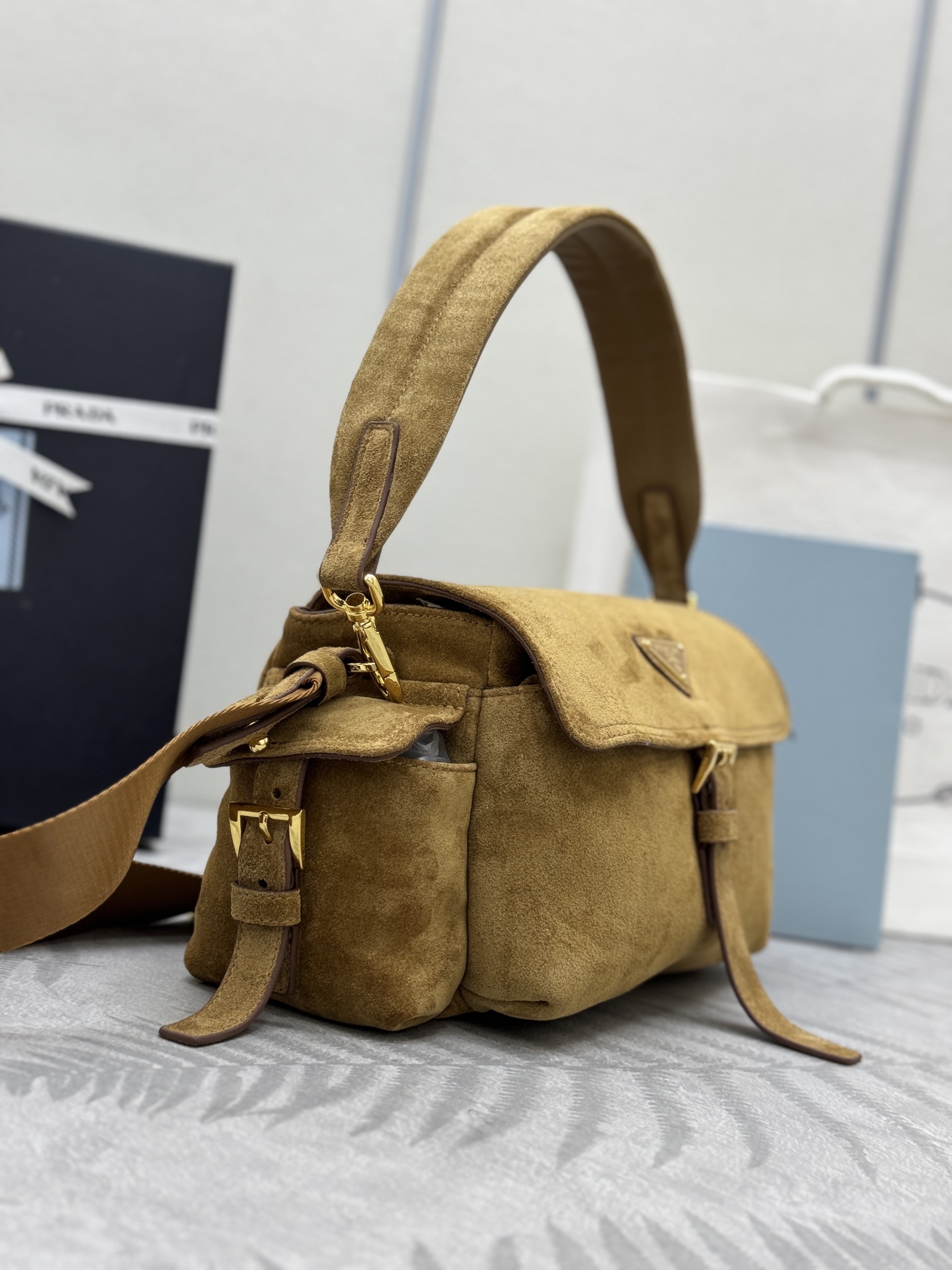 [TOP]Saffiano texture Explore Medium Suede Shoulder Bag With Flap - Cinnamon - Gorchic - $408.99