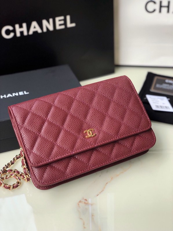 CC Inspired  Caviar Quilted Wallet on Chain WOC Burgundy Bag - Gorchic - $116.99