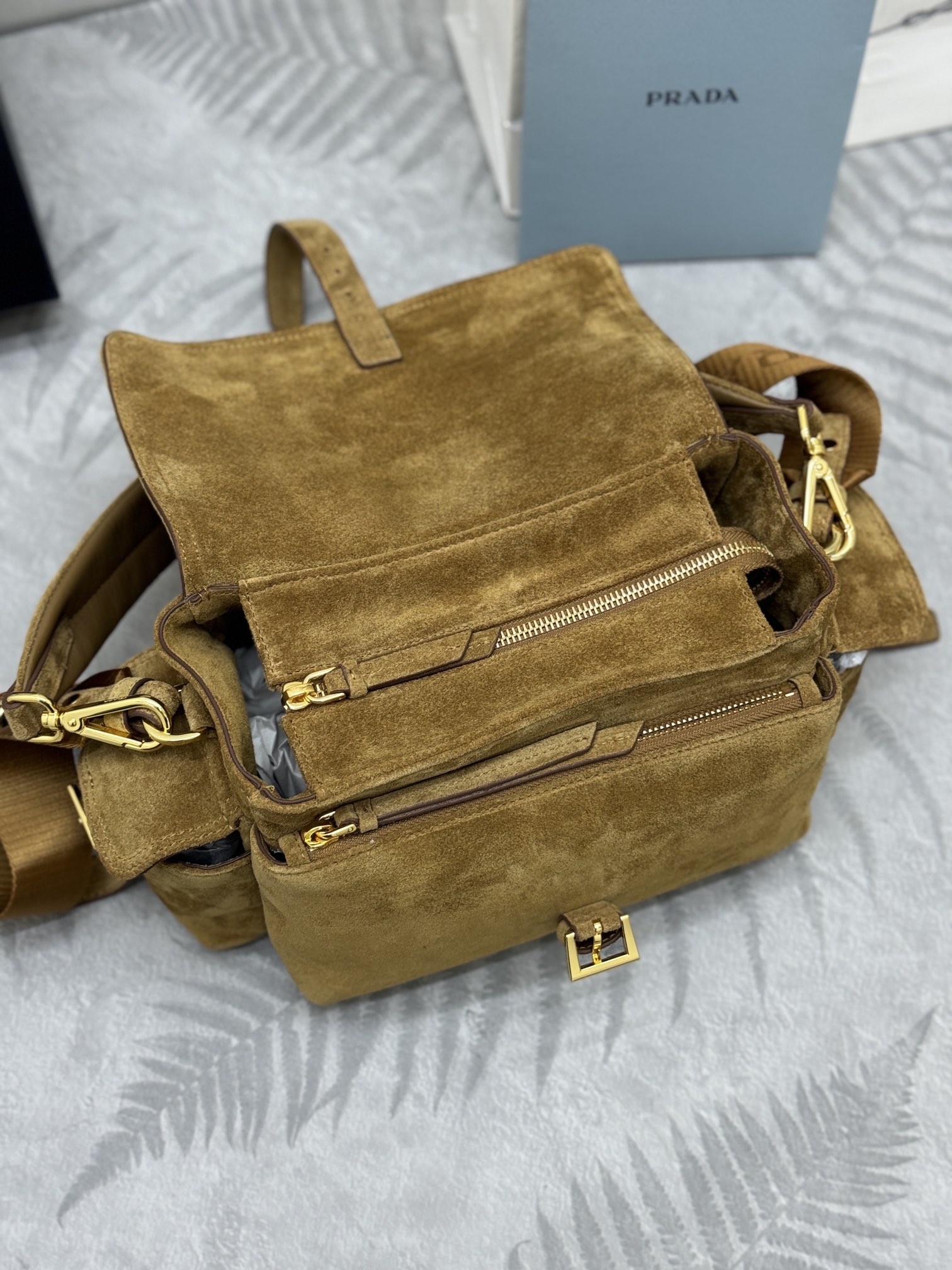 [TOP]Saffiano texture Explore Medium Suede Shoulder Bag With Flap - Cinnamon - Gorchic - $408.99