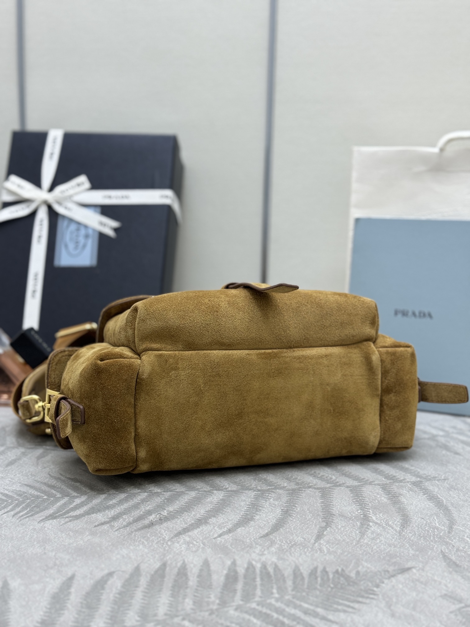 [TOP]Saffiano texture Explore Medium Suede Shoulder Bag With Flap - Cinnamon - Gorchic - $408.99