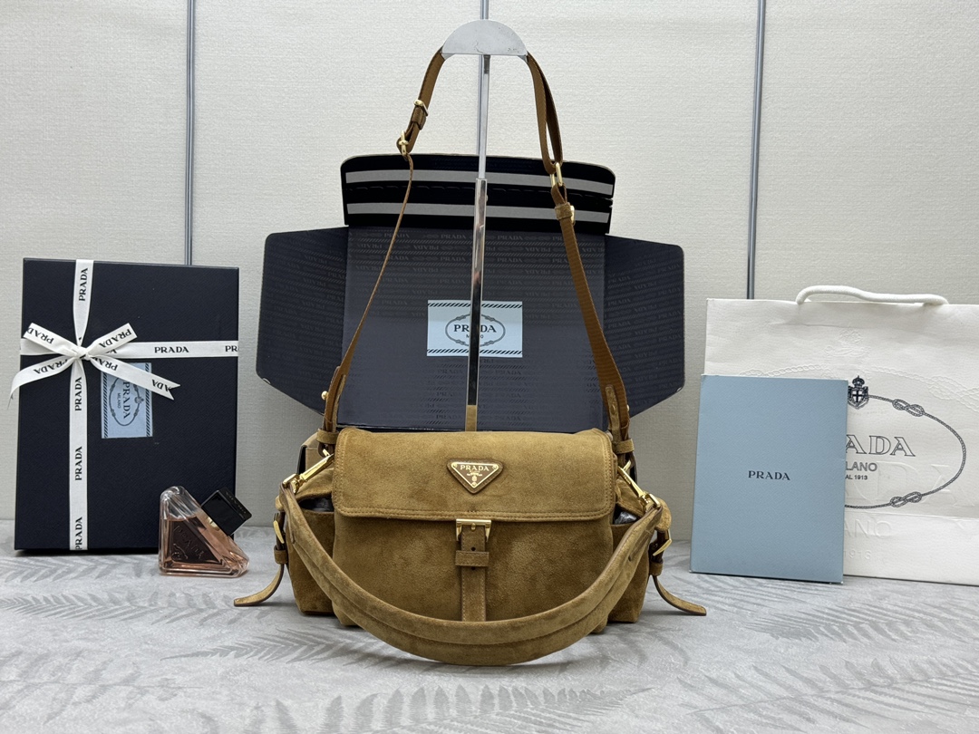 [TOP]Saffiano texture Explore Medium Suede Shoulder Bag With Flap - Cinnamon - Gorchic - $408.99