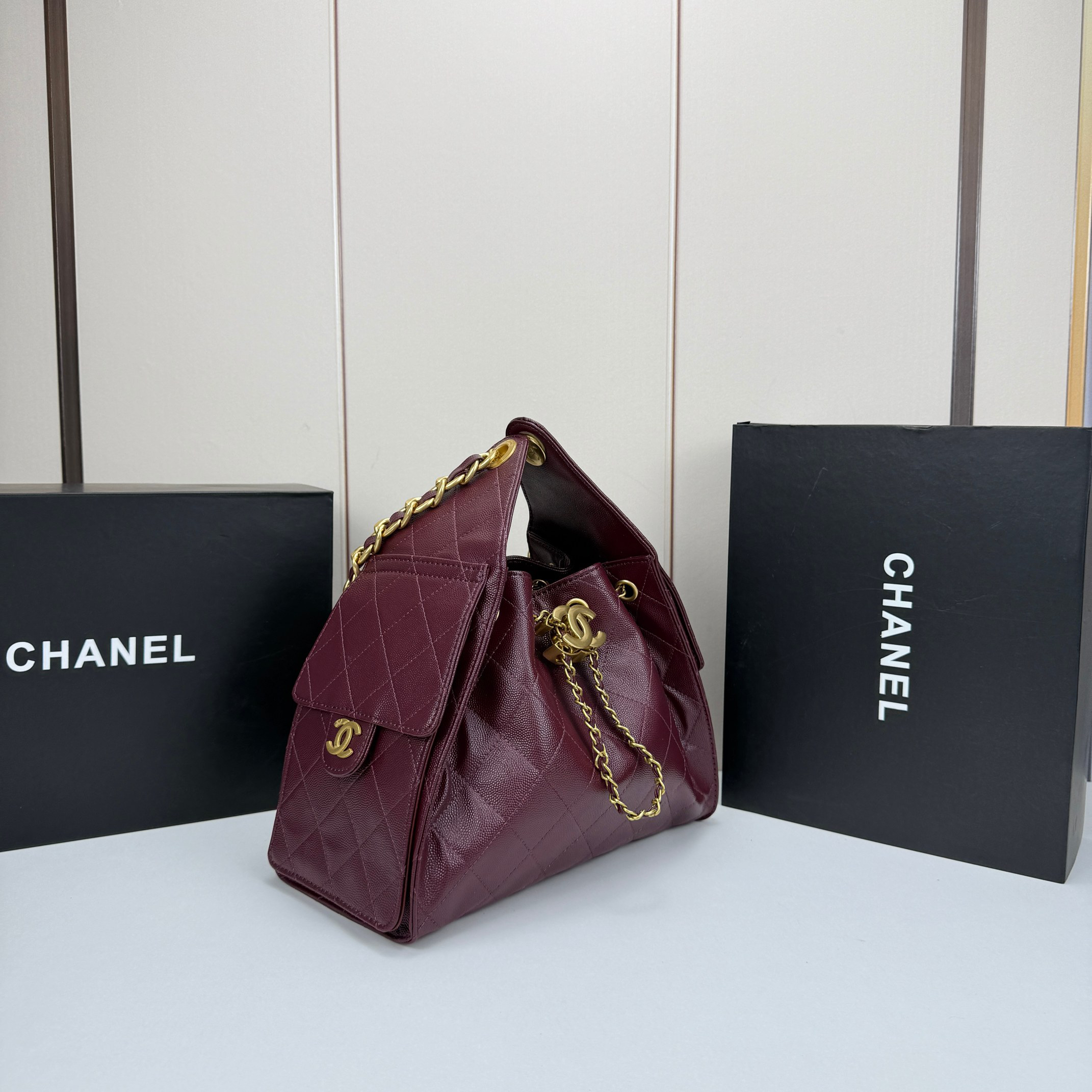 CC Inspired  25 Small Handbag Grained Calfskin & Gold-Tone Metal Burgundy -Bag - Gorchic - $152.99