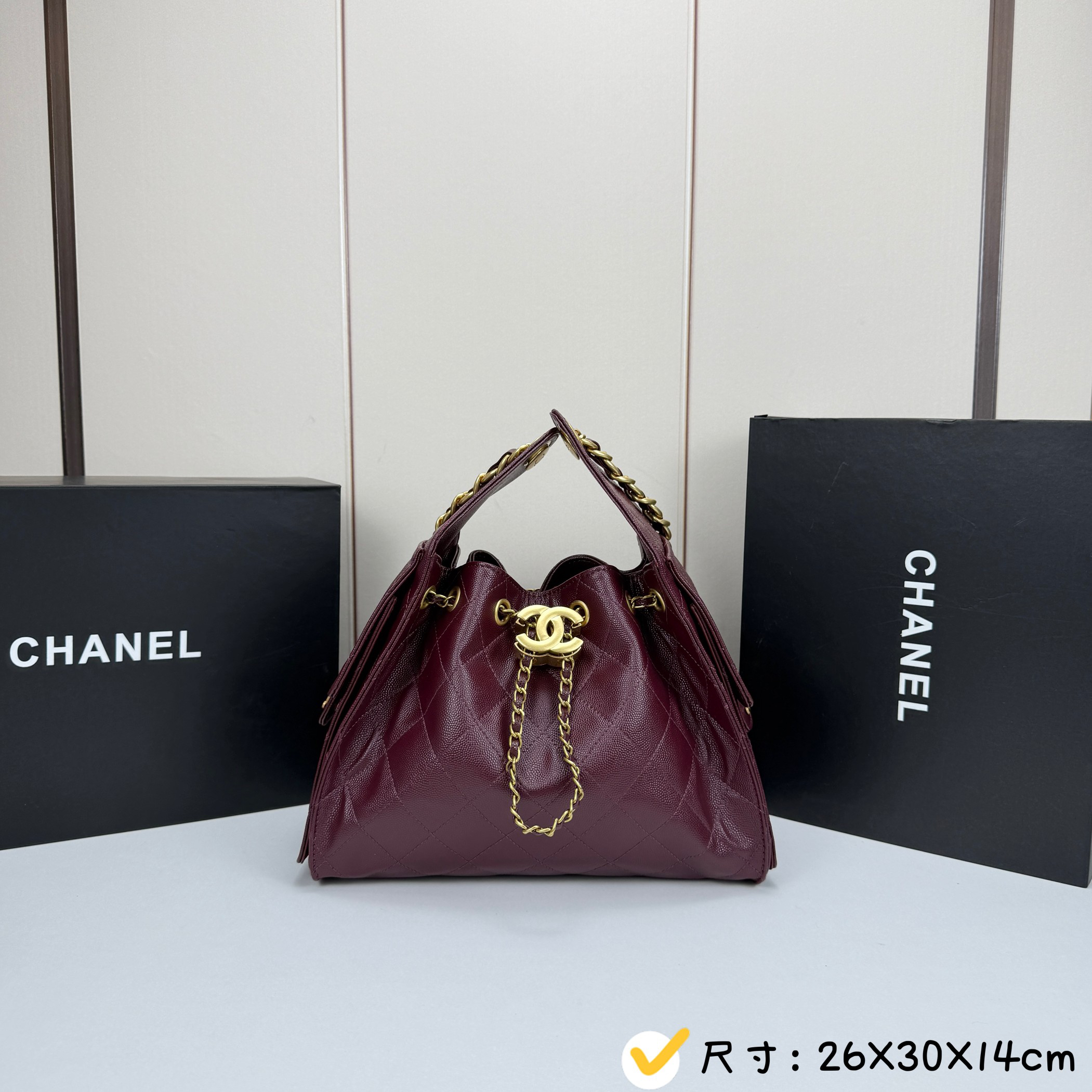 CC Inspired  25 Small Handbag Grained Calfskin & Gold-Tone Metal Burgundy -Bag - Gorchic - $152.99