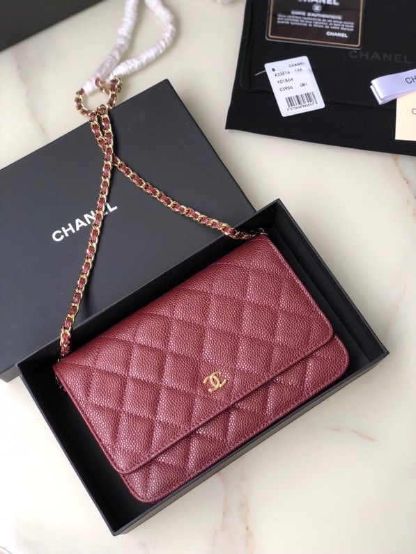 CC Inspired  Caviar Quilted Wallet on Chain WOC Burgundy Bag - Gorchic - $116.99