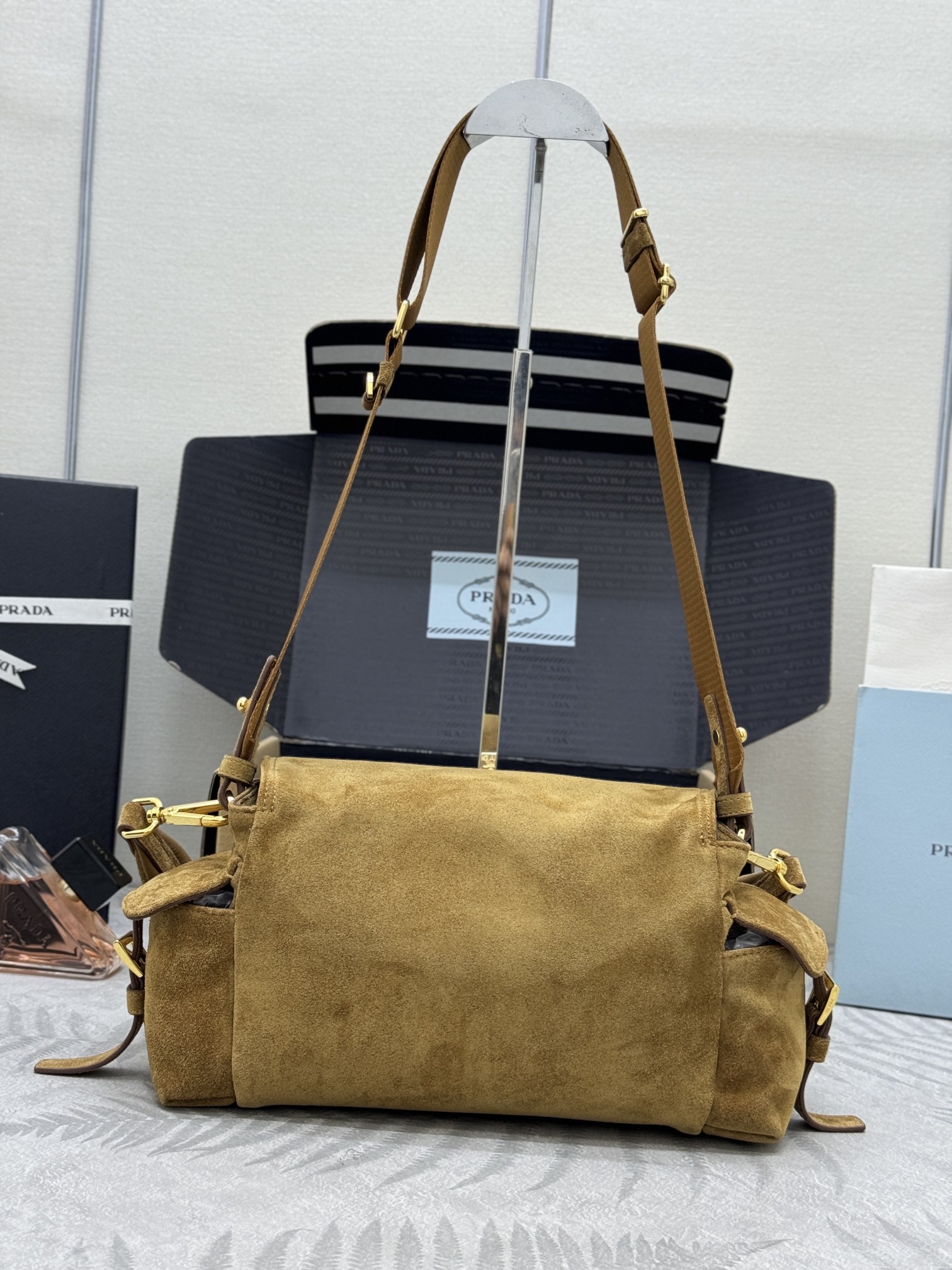 [TOP]Saffiano texture Explore Medium Suede Shoulder Bag With Flap - Cinnamon - Gorchic - $408.99