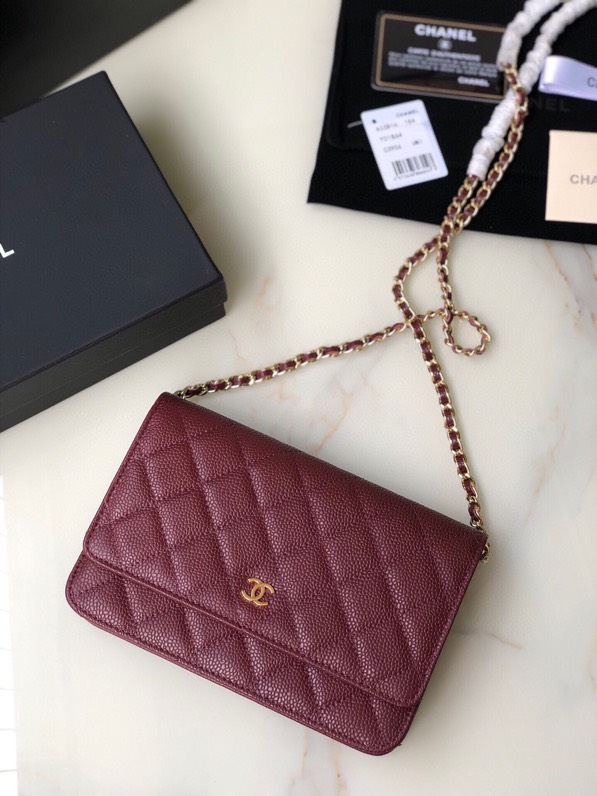 CC Inspired  Caviar Quilted Wallet on Chain WOC Burgundy Bag - Gorchic - $116.99