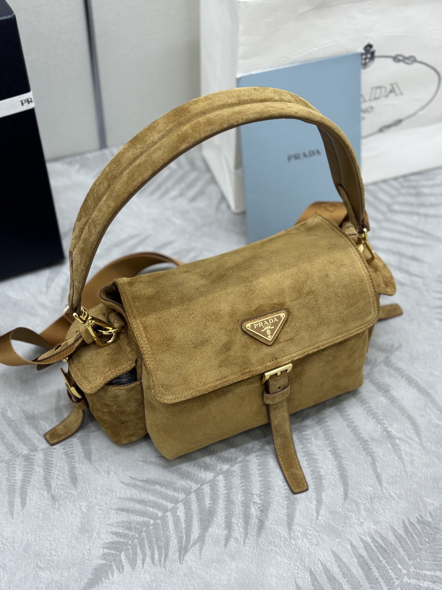 [TOP]Saffiano texture Explore Medium Suede Shoulder Bag With Flap - Cinnamon - Gorchic - $408.99