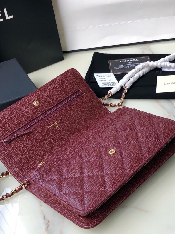 CC Inspired  Caviar Quilted Wallet on Chain WOC Burgundy Bag - Gorchic - $116.99