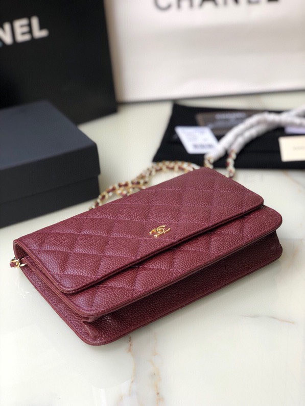 CC Inspired  Caviar Quilted Wallet on Chain WOC Burgundy Bag - Gorchic - $116.99