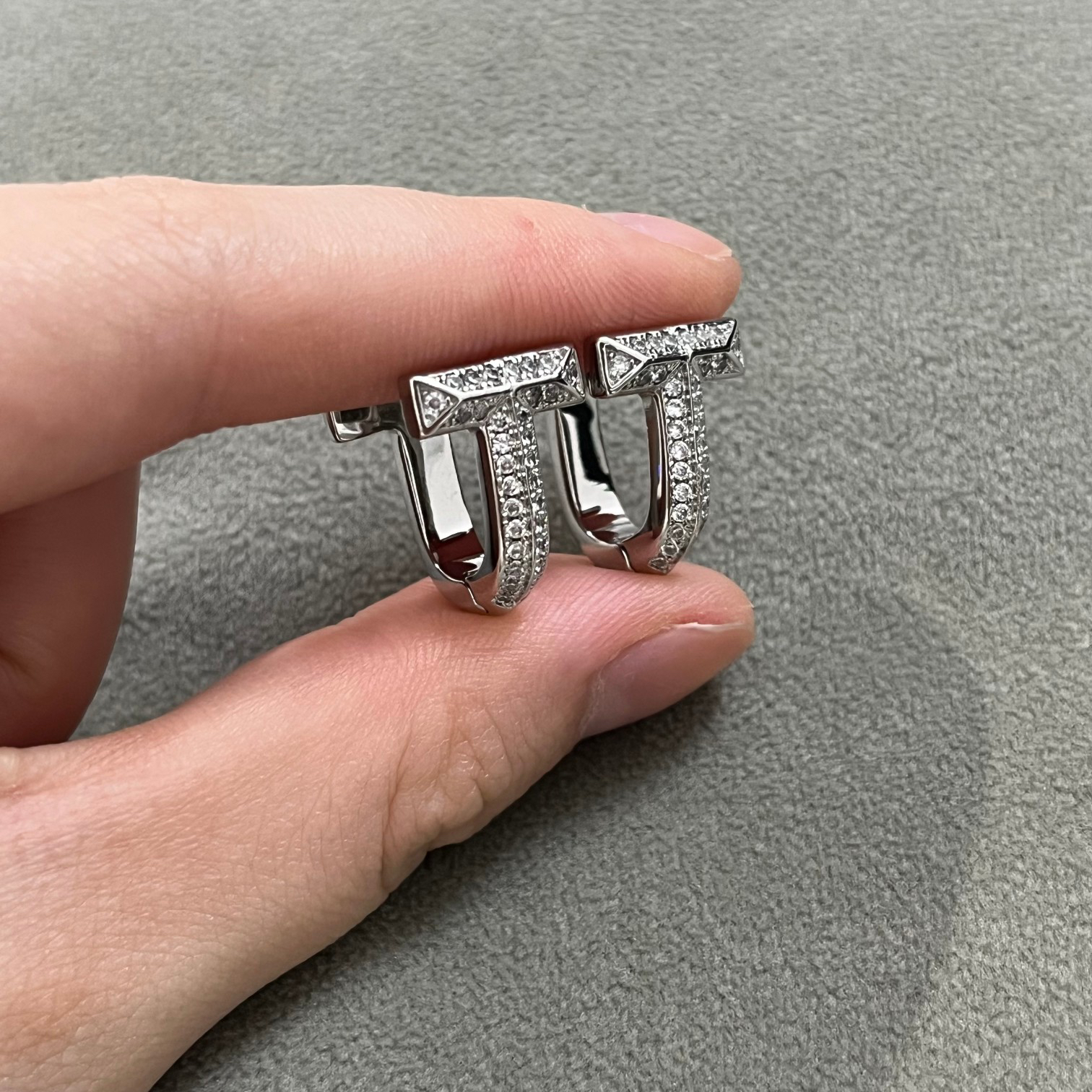 T.F. T T1 Half Pavé Diamond Huggie Earrings - Gorchic - $44.99