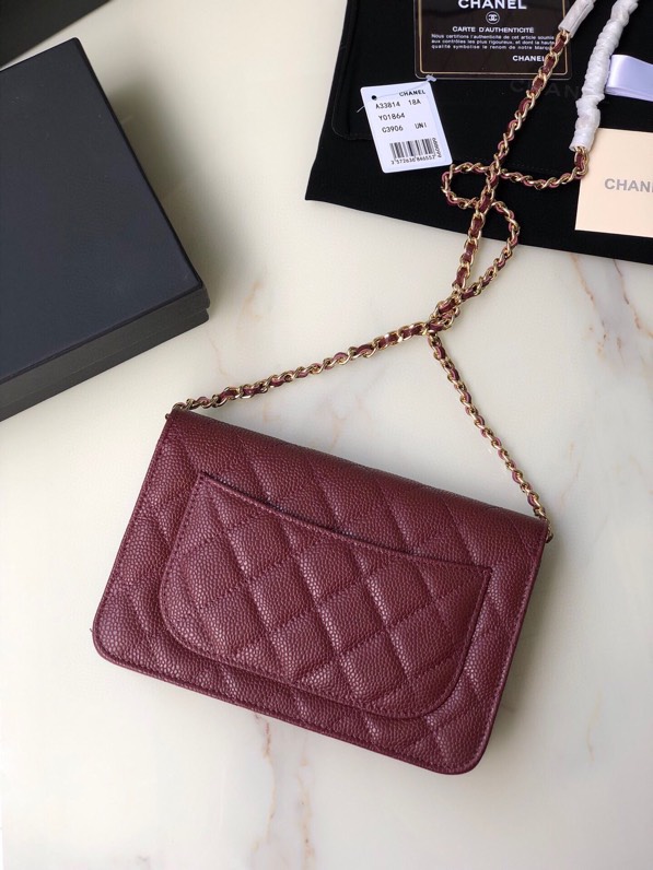 CC Inspired  Caviar Quilted Wallet on Chain WOC Burgundy Bag - Gorchic - $116.99