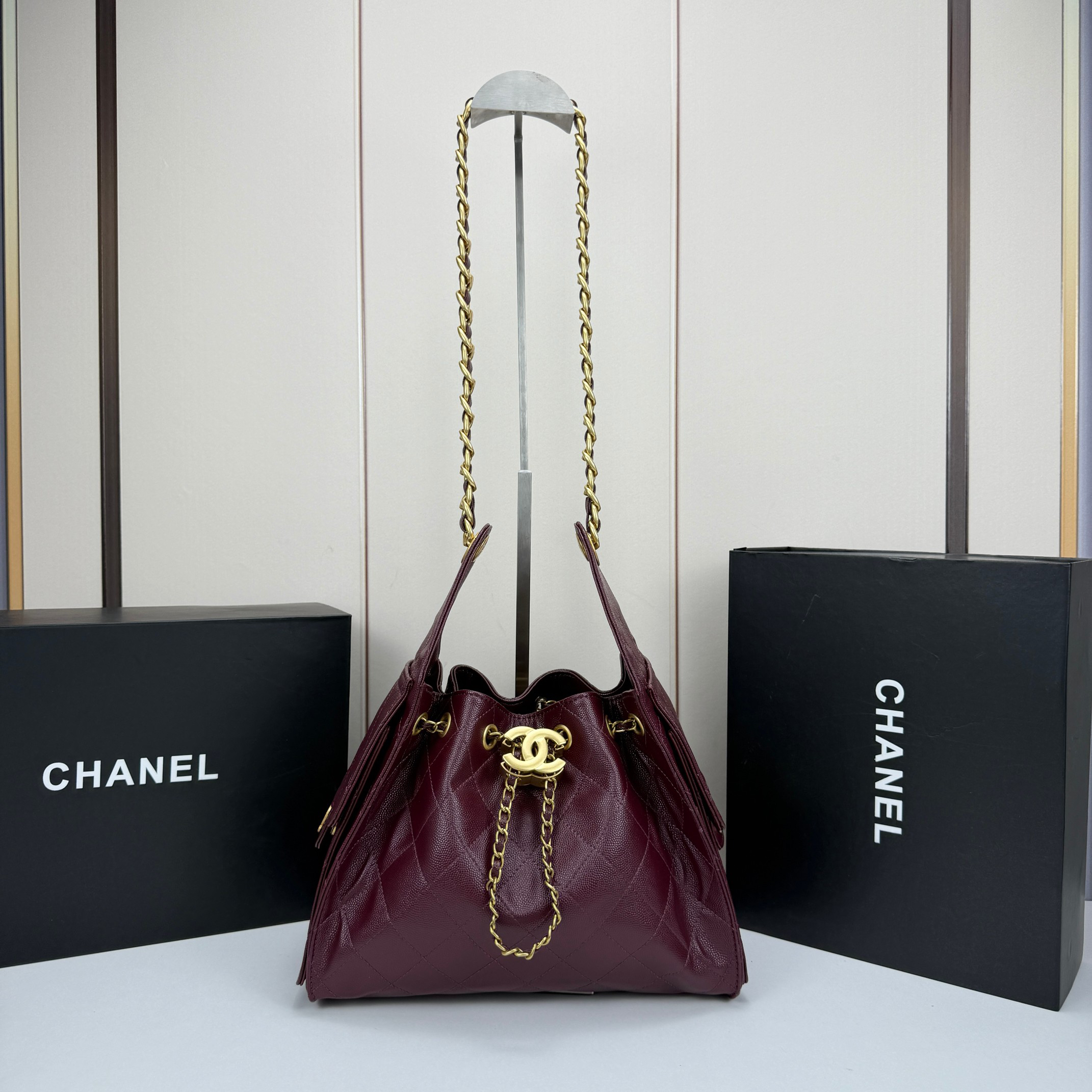 CC Inspired  25 Small Handbag Grained Calfskin & Gold-Tone Metal Burgundy -Bag - Gorchic - $152.99